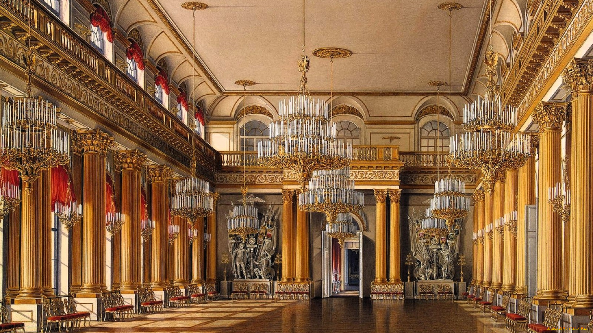 рисованное, эдуард, гау, дворец, интерьер, зал, колонны, люстры, лепнина