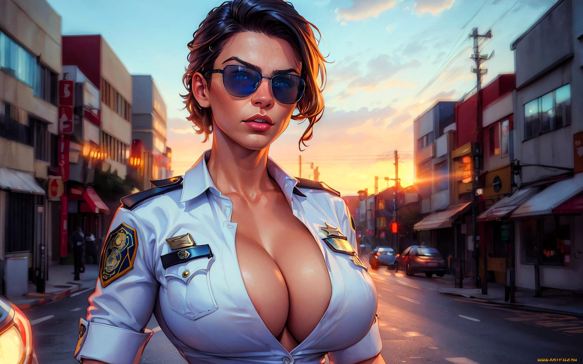 рисованное, люди, девушка, полицейский, очки, форма, грудь, город, дома, улица