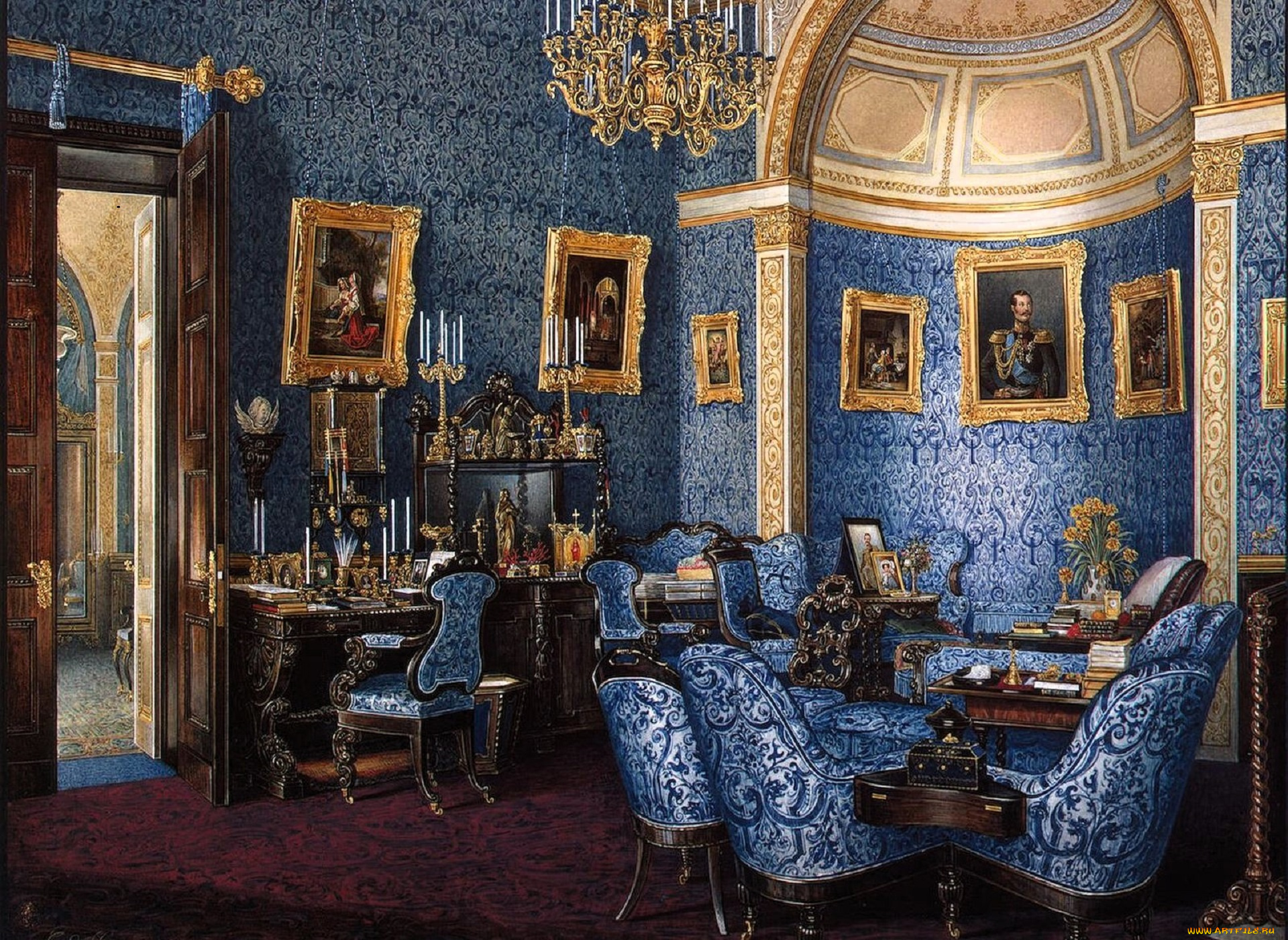 рисованное, эдуард, гау, дворец, интерьер, комната, лепнина, картины, свечи, кресла, столы, стулья