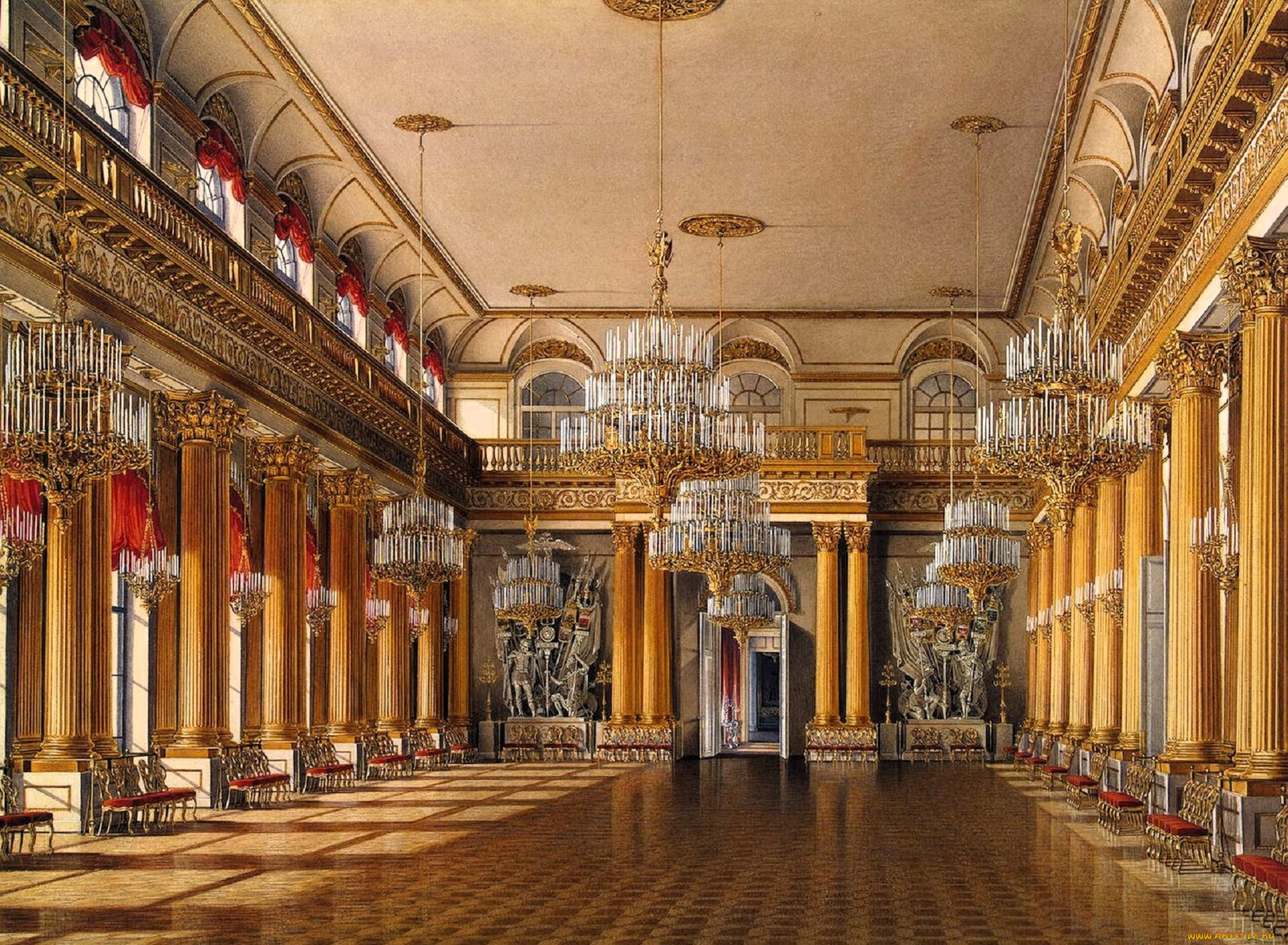 рисованное, эдуард, гау, дворец, интерьер, зал, колонны, люстры, лепнина