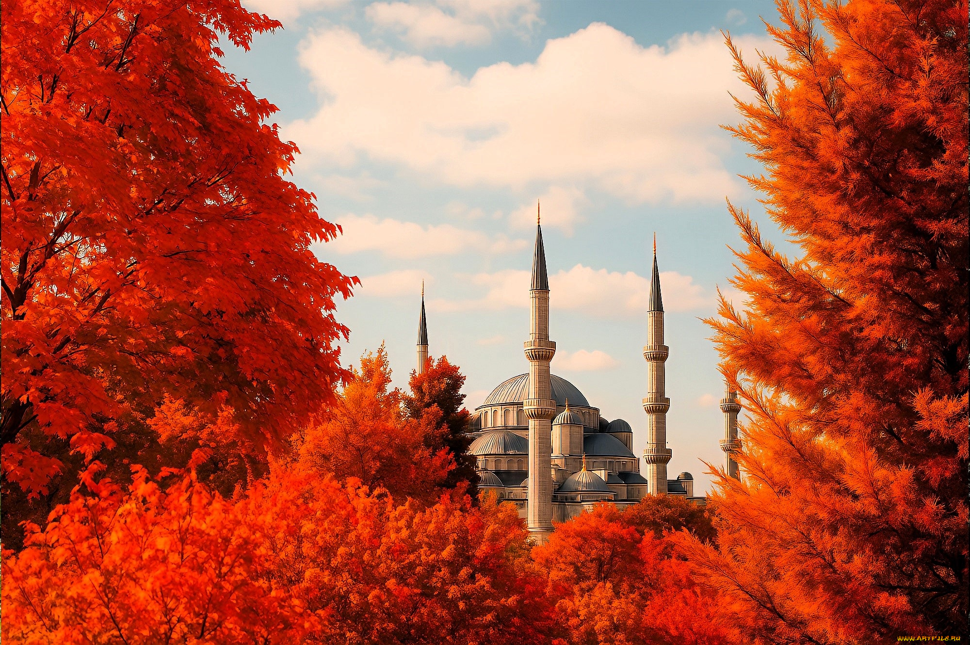 3д, графика, архитектура, , architecture, осень, деревья, мечеть