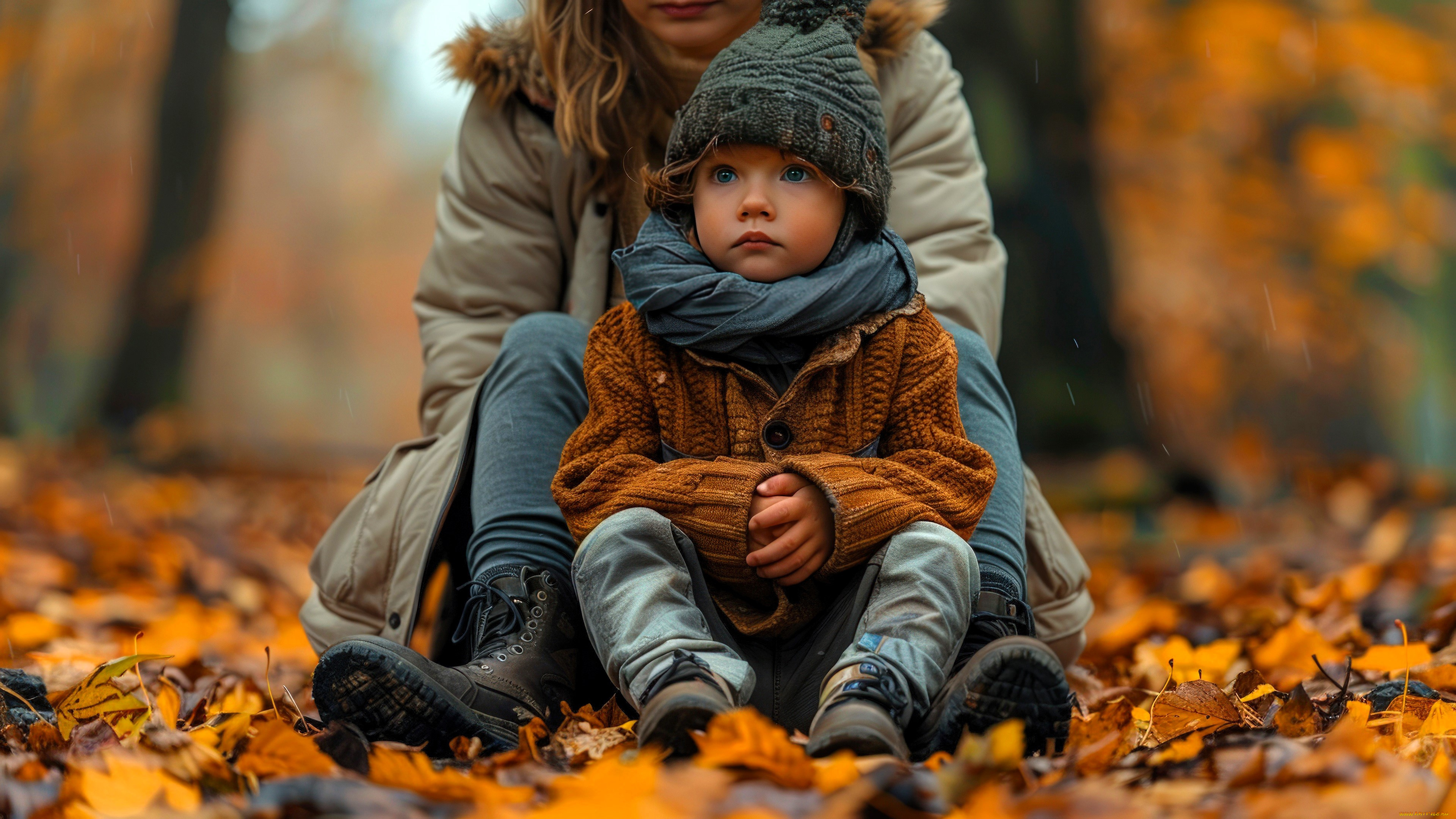 разное, дети, ребенок, мама, шапка, кофта, листья, осень