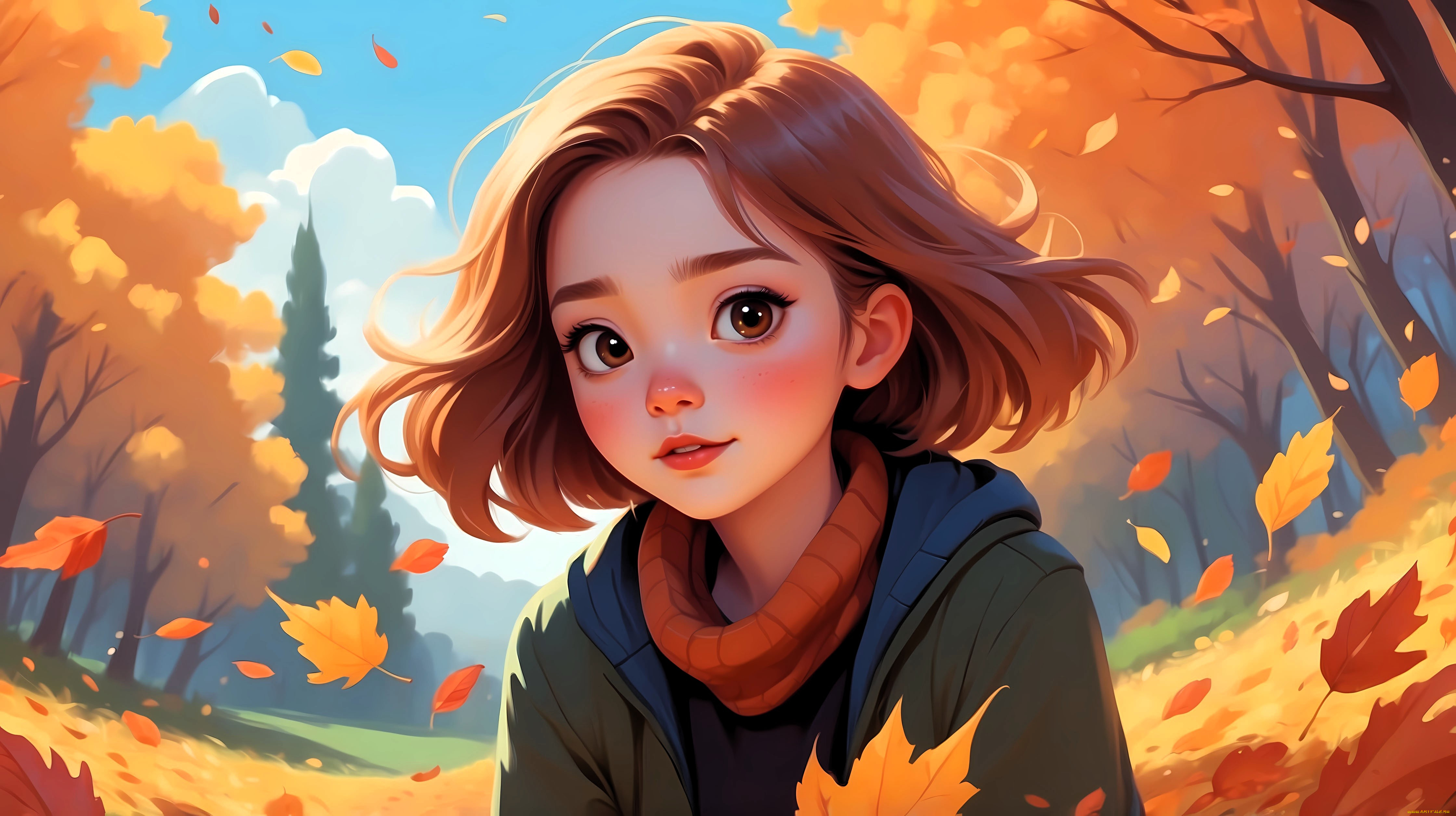 рисованное, дети, девочка, куртка, осень, лес, деревья, поляна, листья