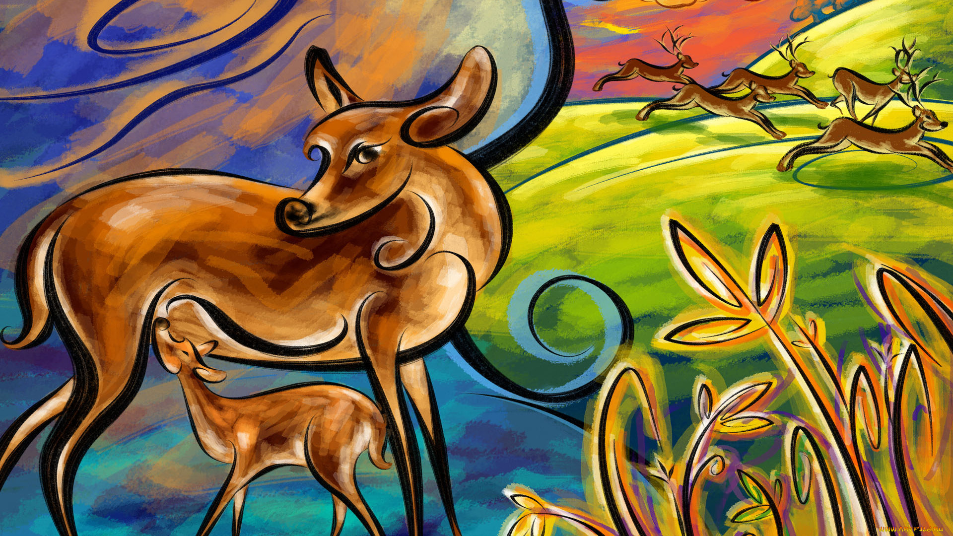 рисованные, животные, олени