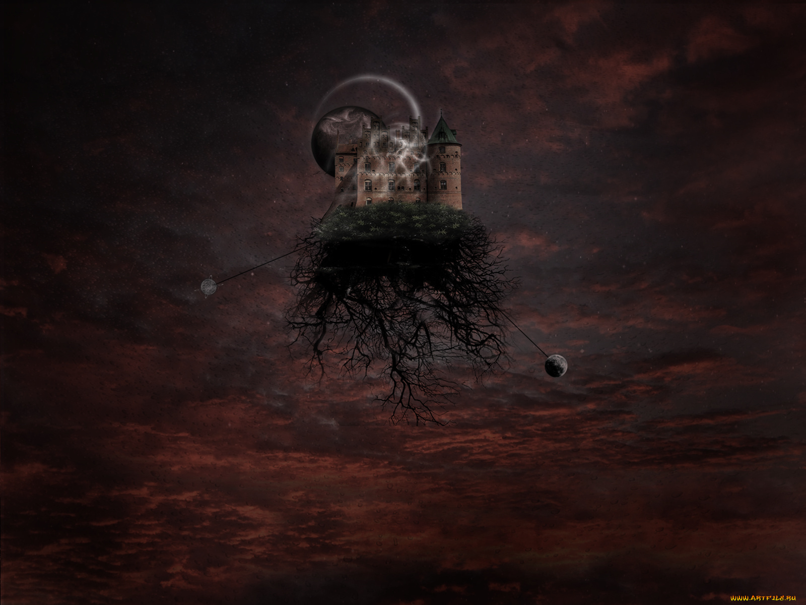 3д, графика, fantasy, фантазия, деревья, замок, корни