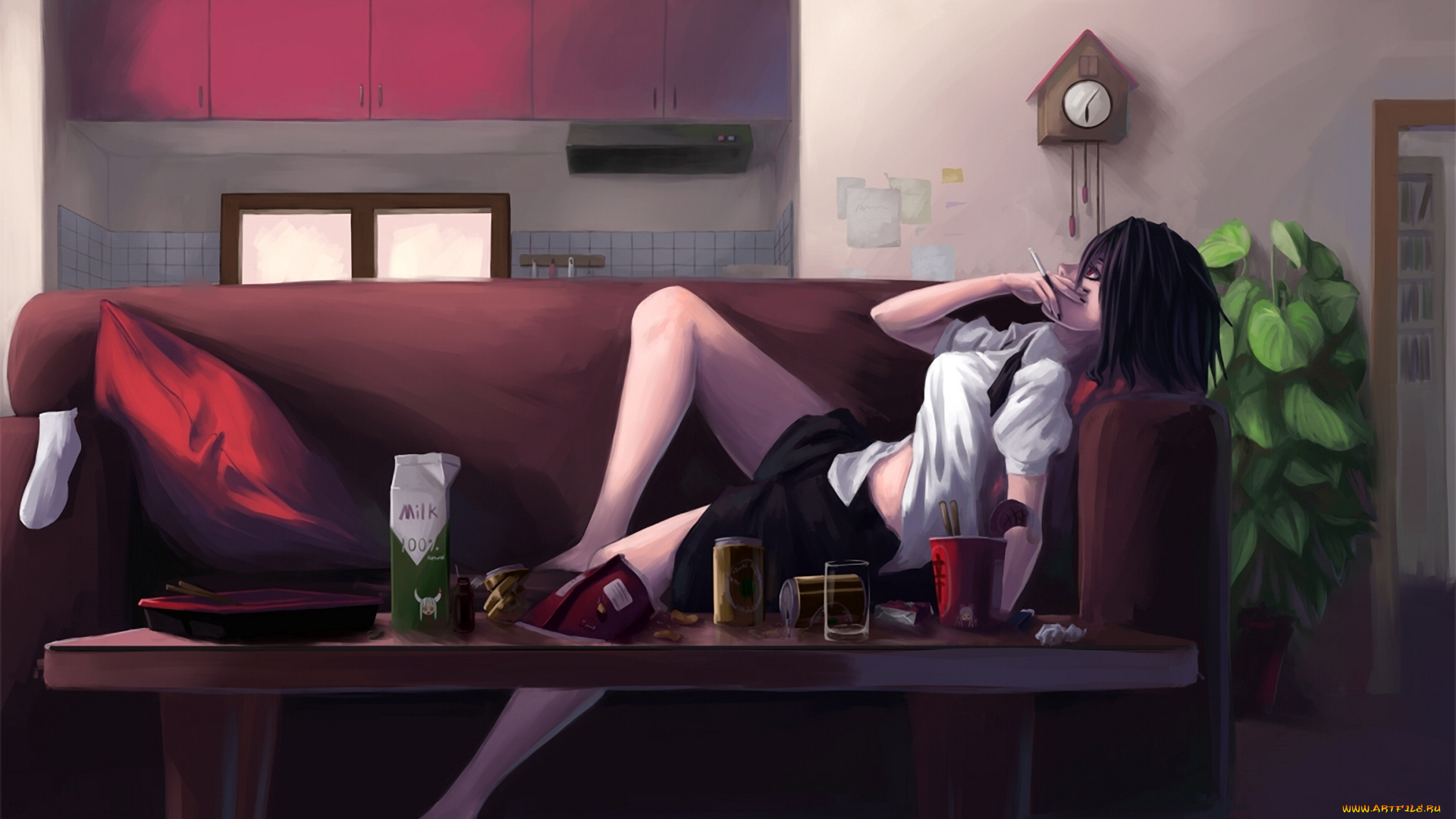 аниме, *unknown, другое, комната, еда, девушка, лежит, диван, сигарета