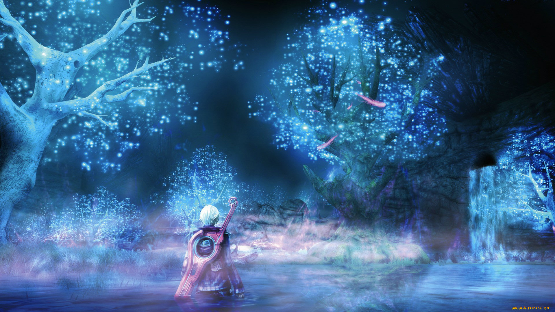 аниме, weapon, blood, technology, деревья, вода, илюминация