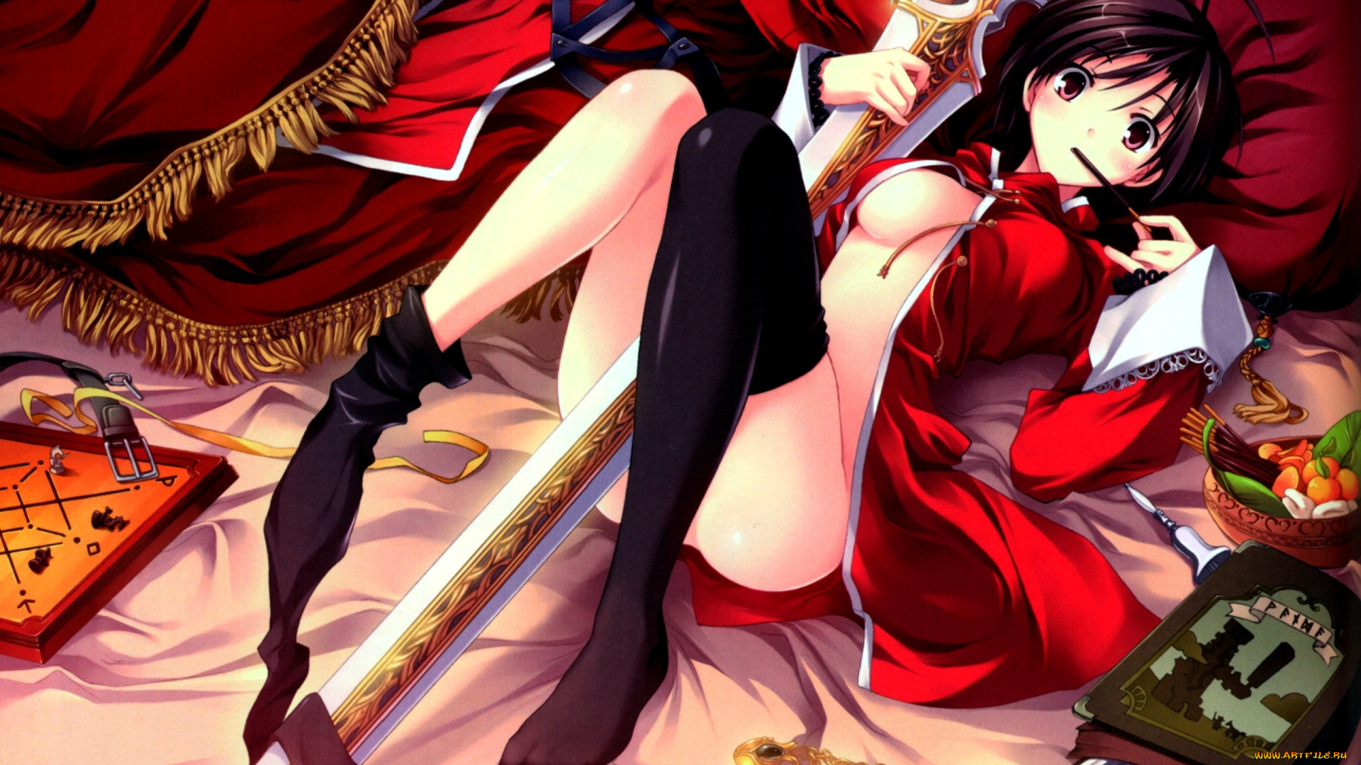 аниме, weapon, blood, technology, меч, кровать, девушка