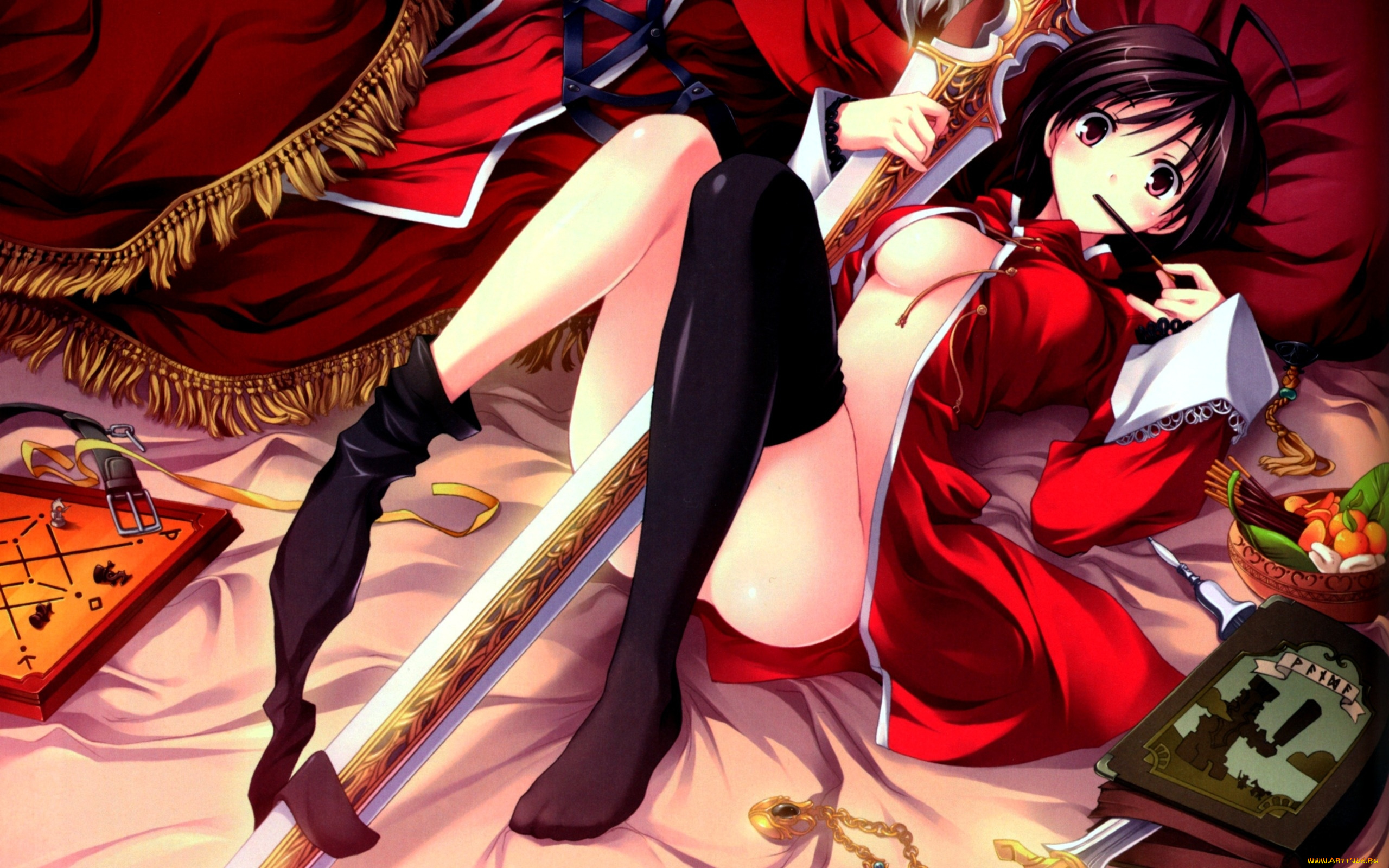 аниме, weapon, blood, technology, меч, кровать, девушка