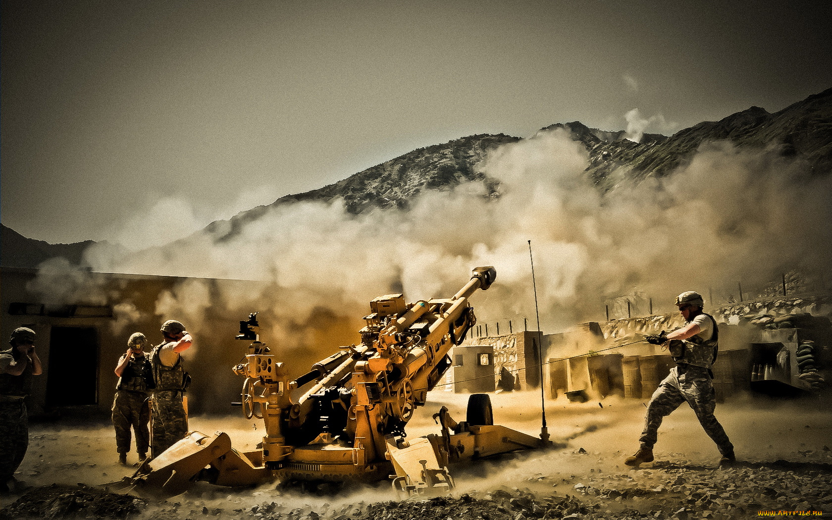 оружие, пушки, ракетницы, горы, солдаты, пыль
