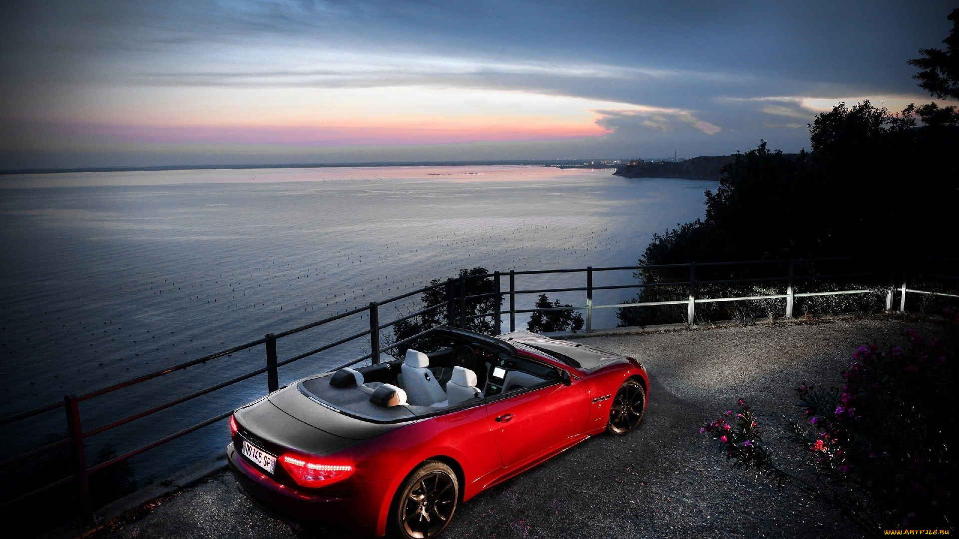 автомобили, maserati, автомобиль, река, набережная, облака, деревья