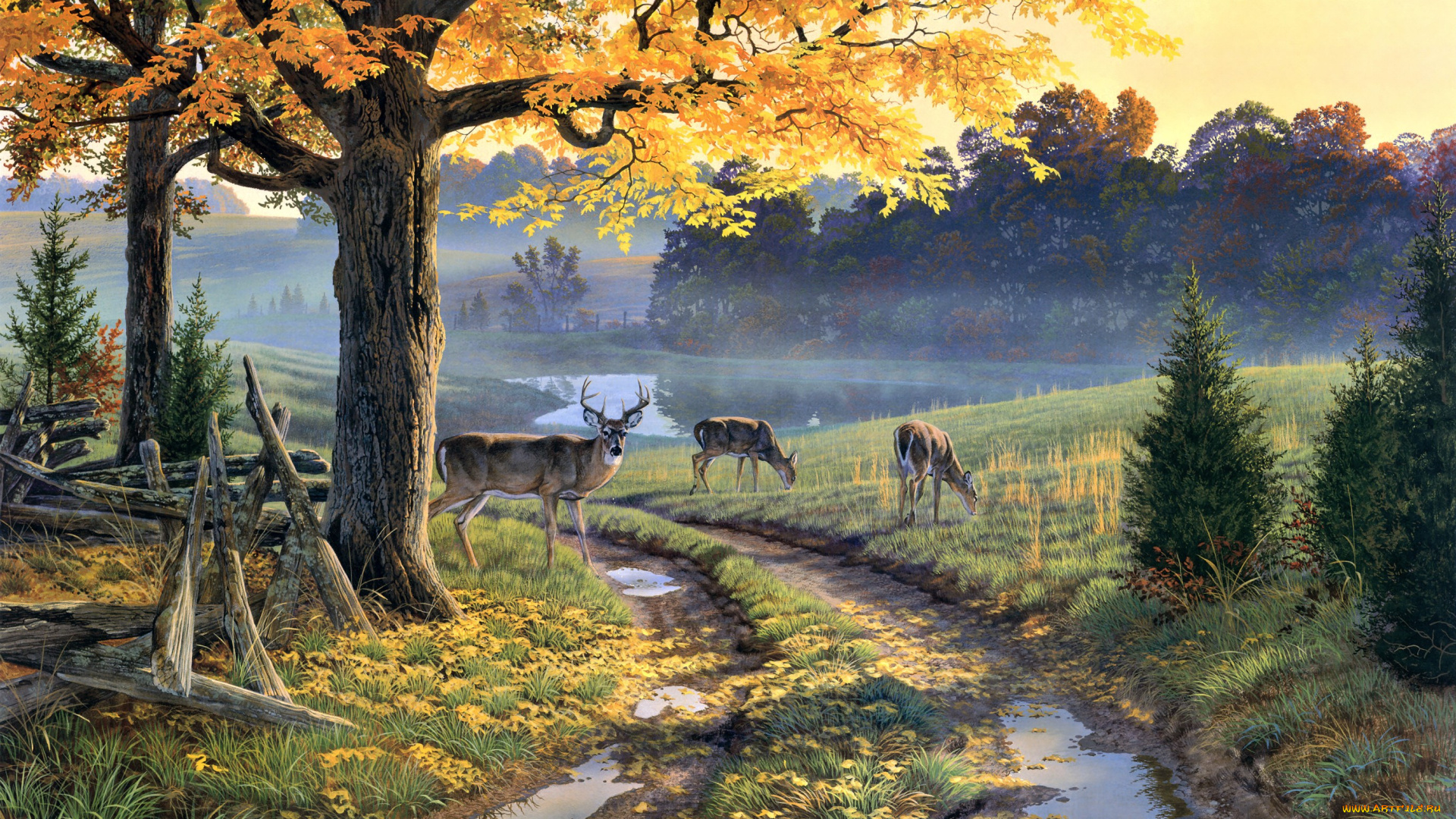 bend, in, the, road, рисованные, al, agnew, олени, дорога, осень