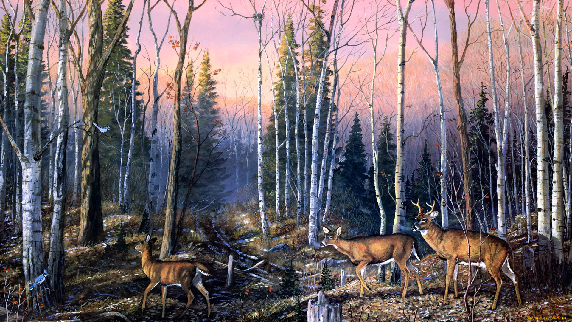 cold, november, day, рисованные, terry, doughty, олени, лес, пень, осень