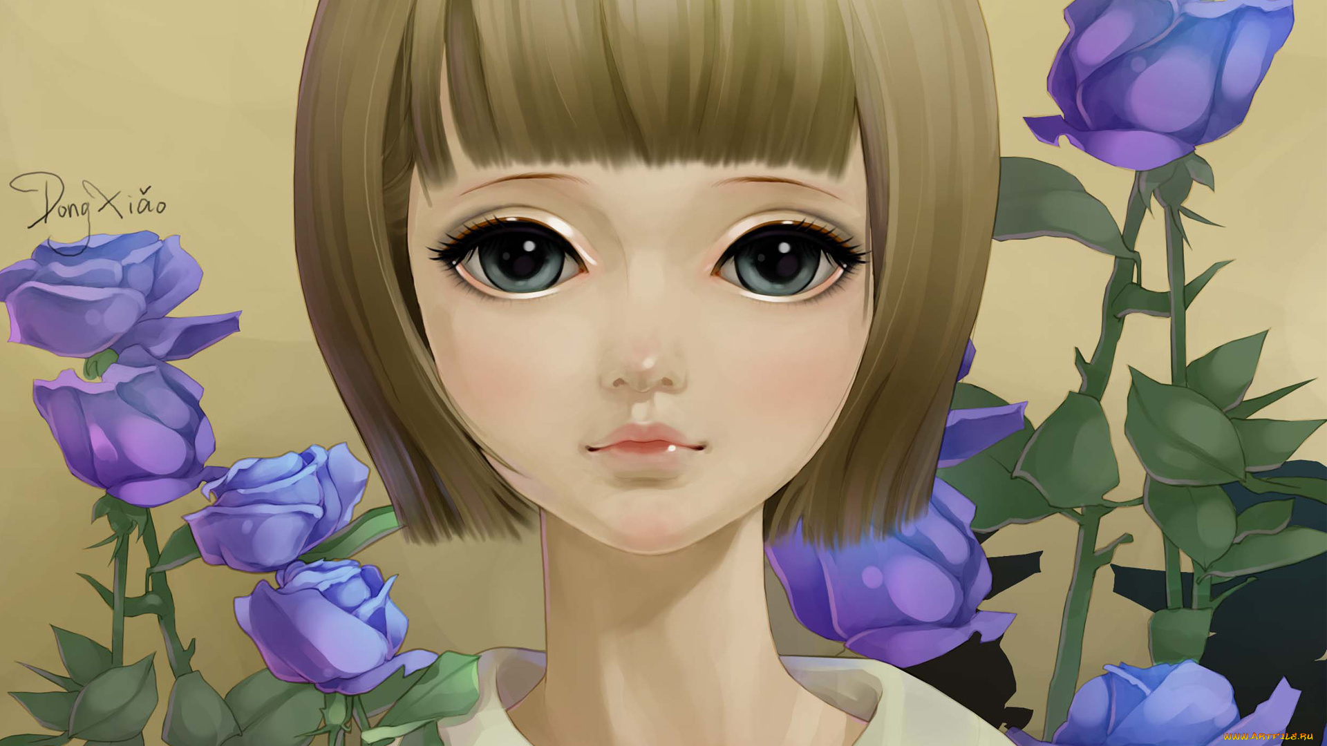 рисованные, дети, розы, цветы, девочка, лицо, портрет, dong, xiao, сиреневые