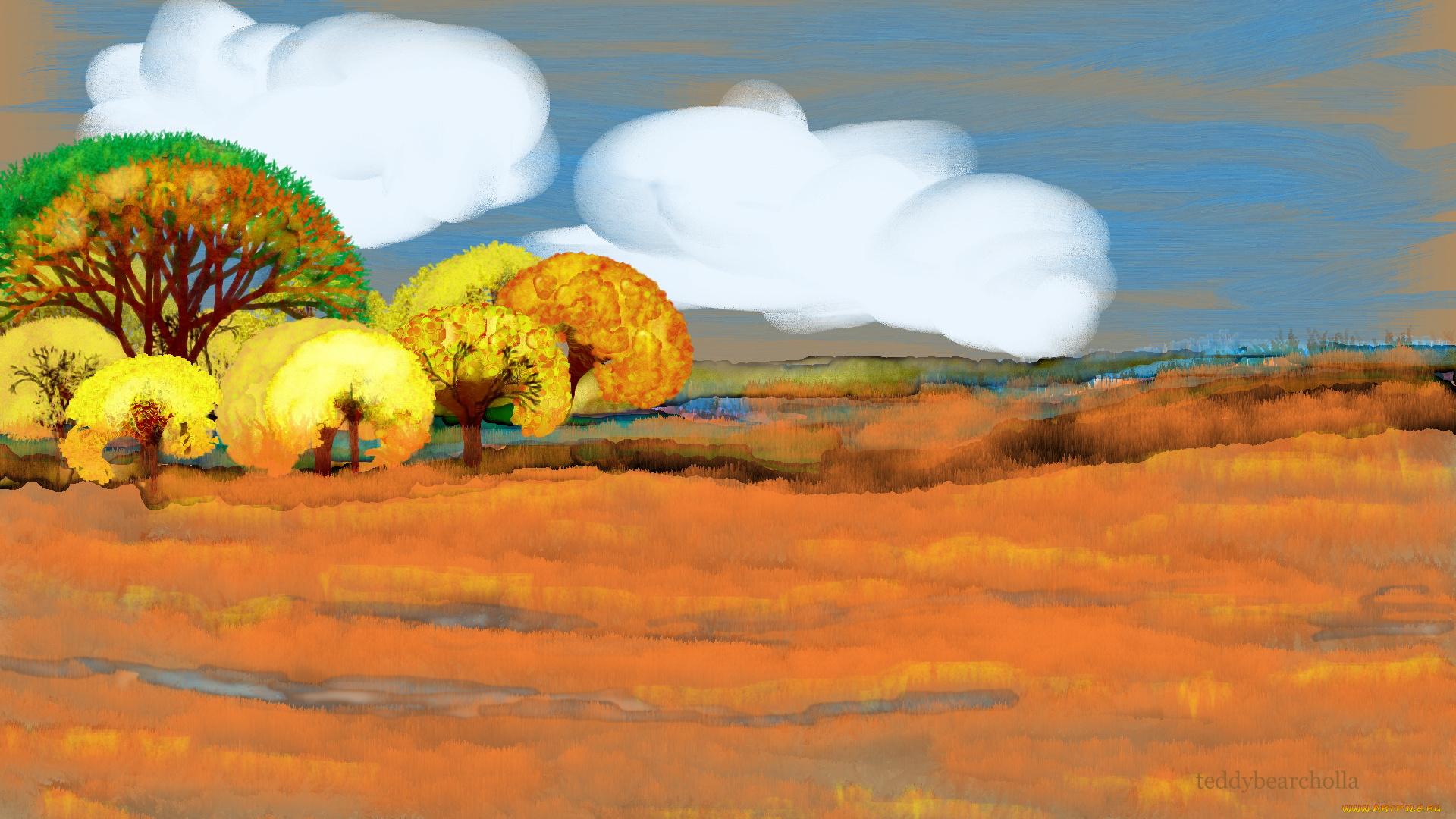 рисованные, природа, тучи, деревья