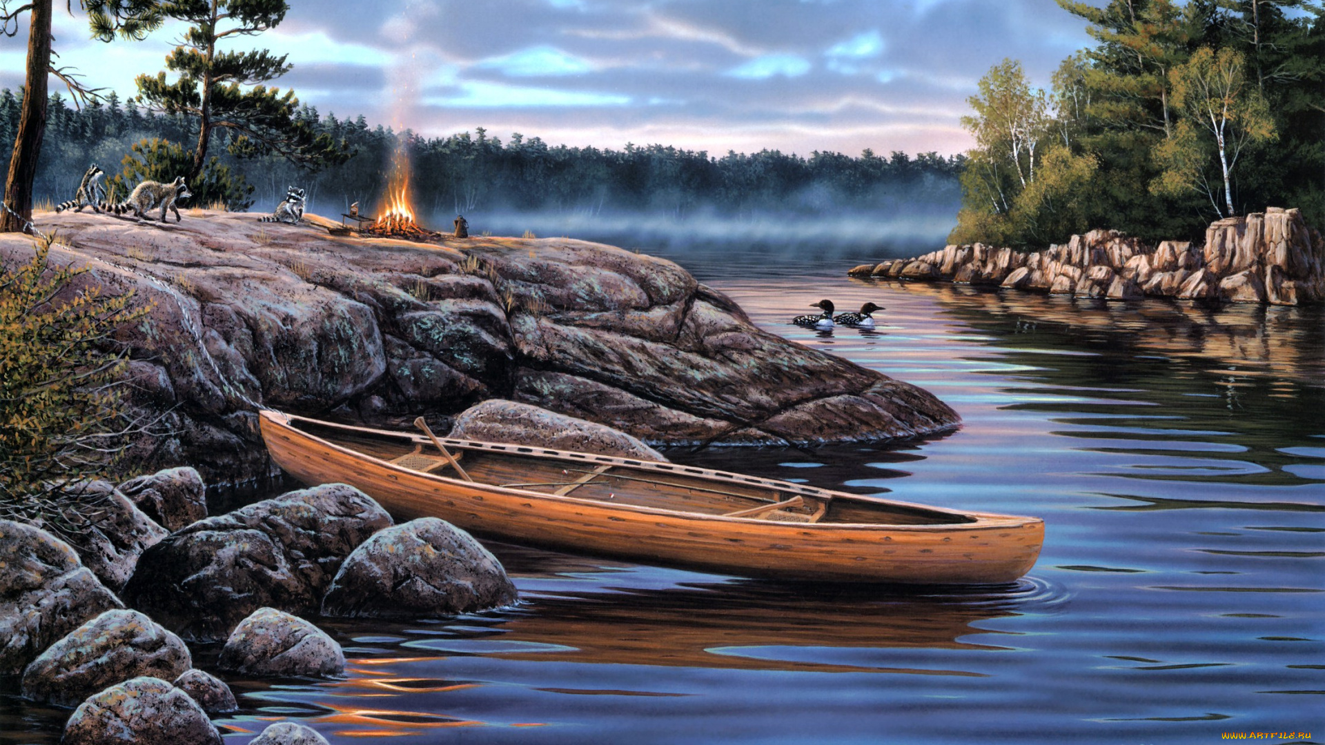 the, little, rascals, рисованные, rick, kelley, костер, еноты, утки, лодка