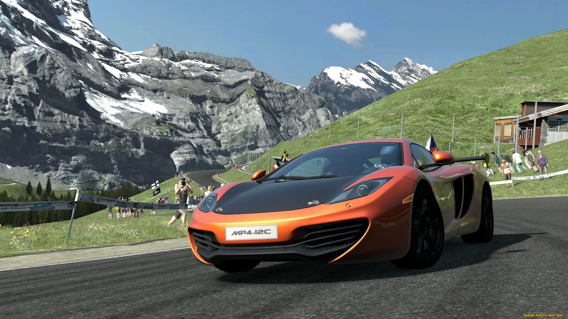 видео, игры, gran, turismo, снег, горы, дорога, автомобиль, люди, дома, небо