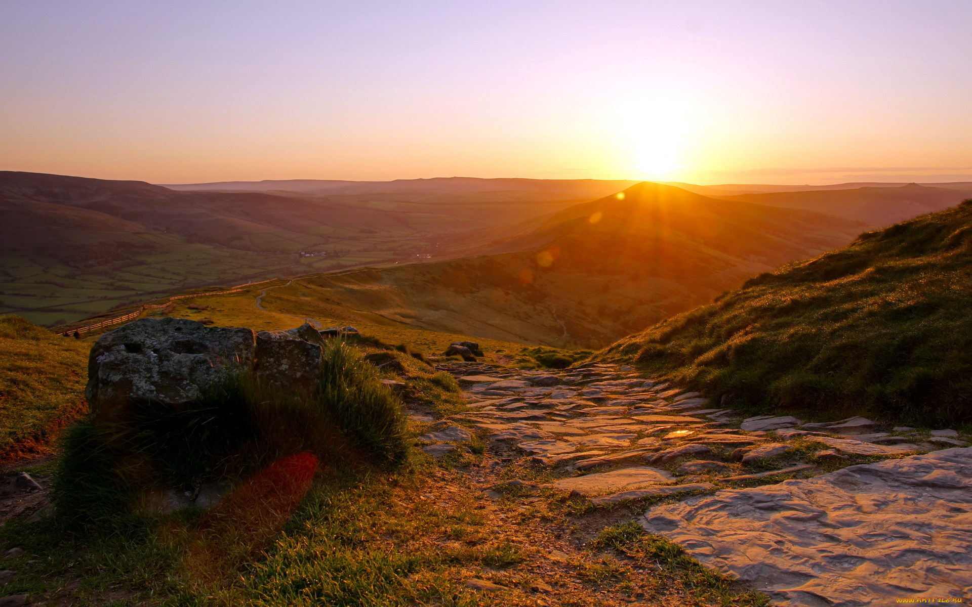 природа, восходы, закаты, свет, рассвет, равнина, трава, холмы, камни