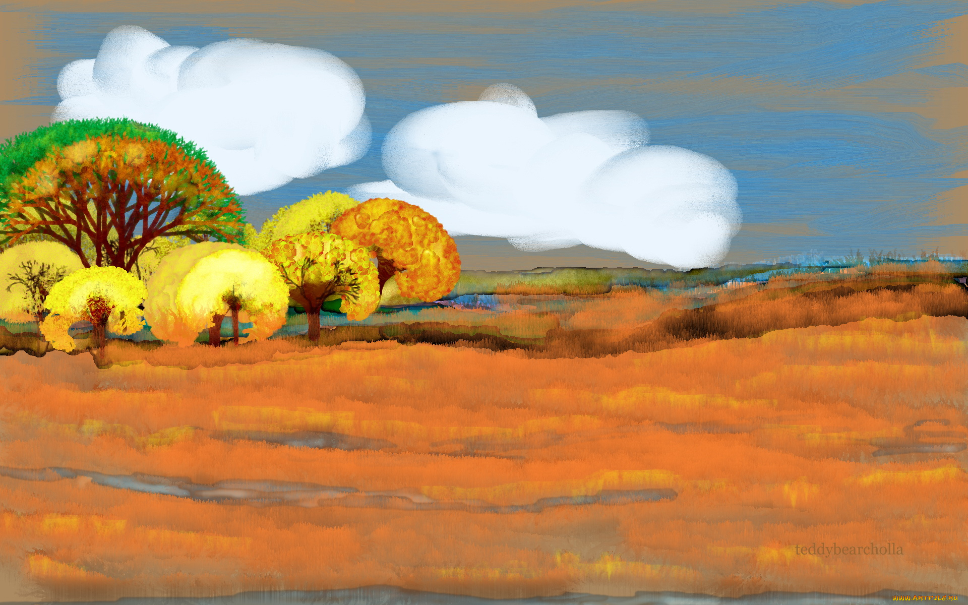 рисованные, природа, тучи, деревья