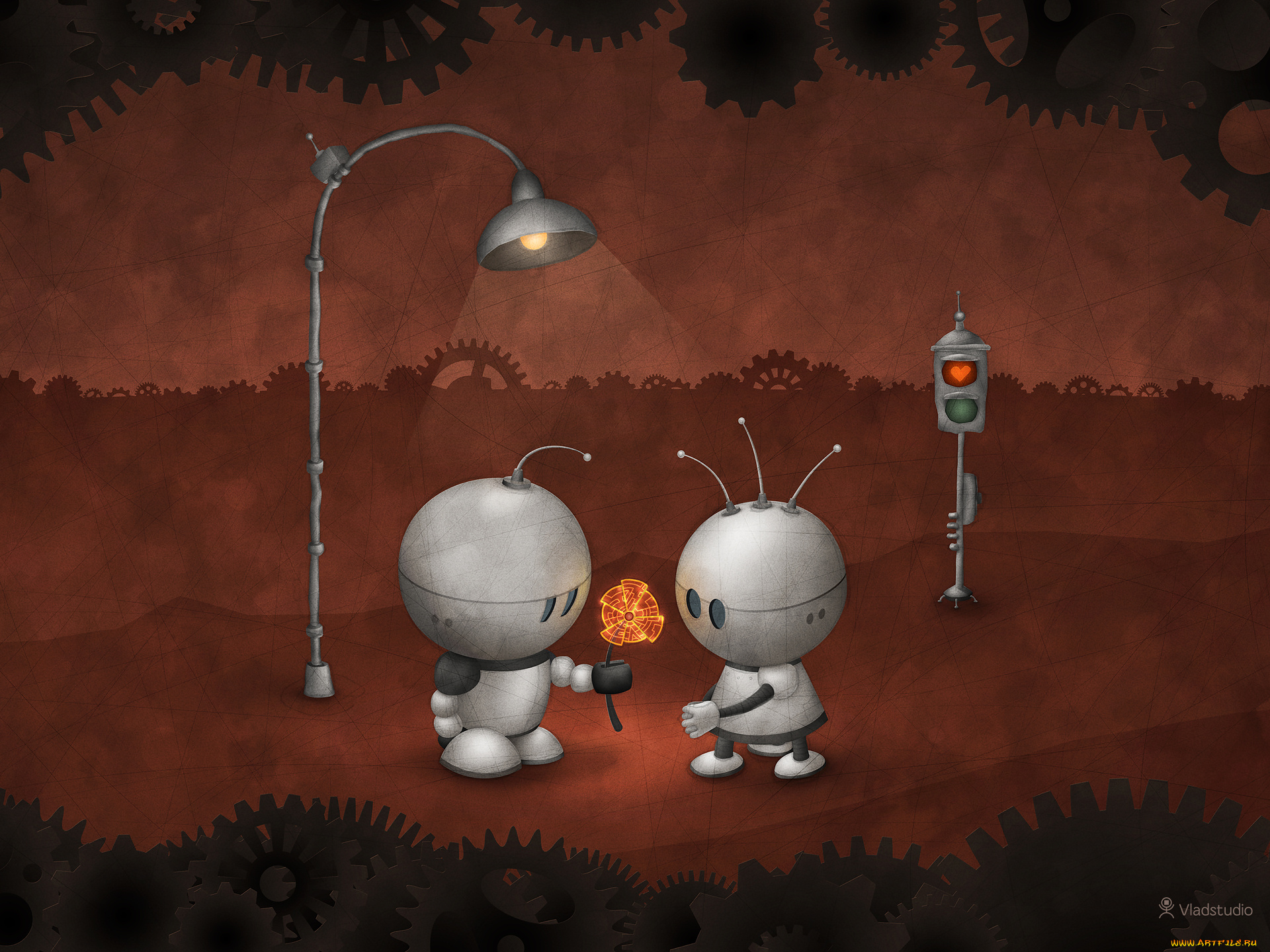рисованные, vladstudio, фонарь, светофор, роботы