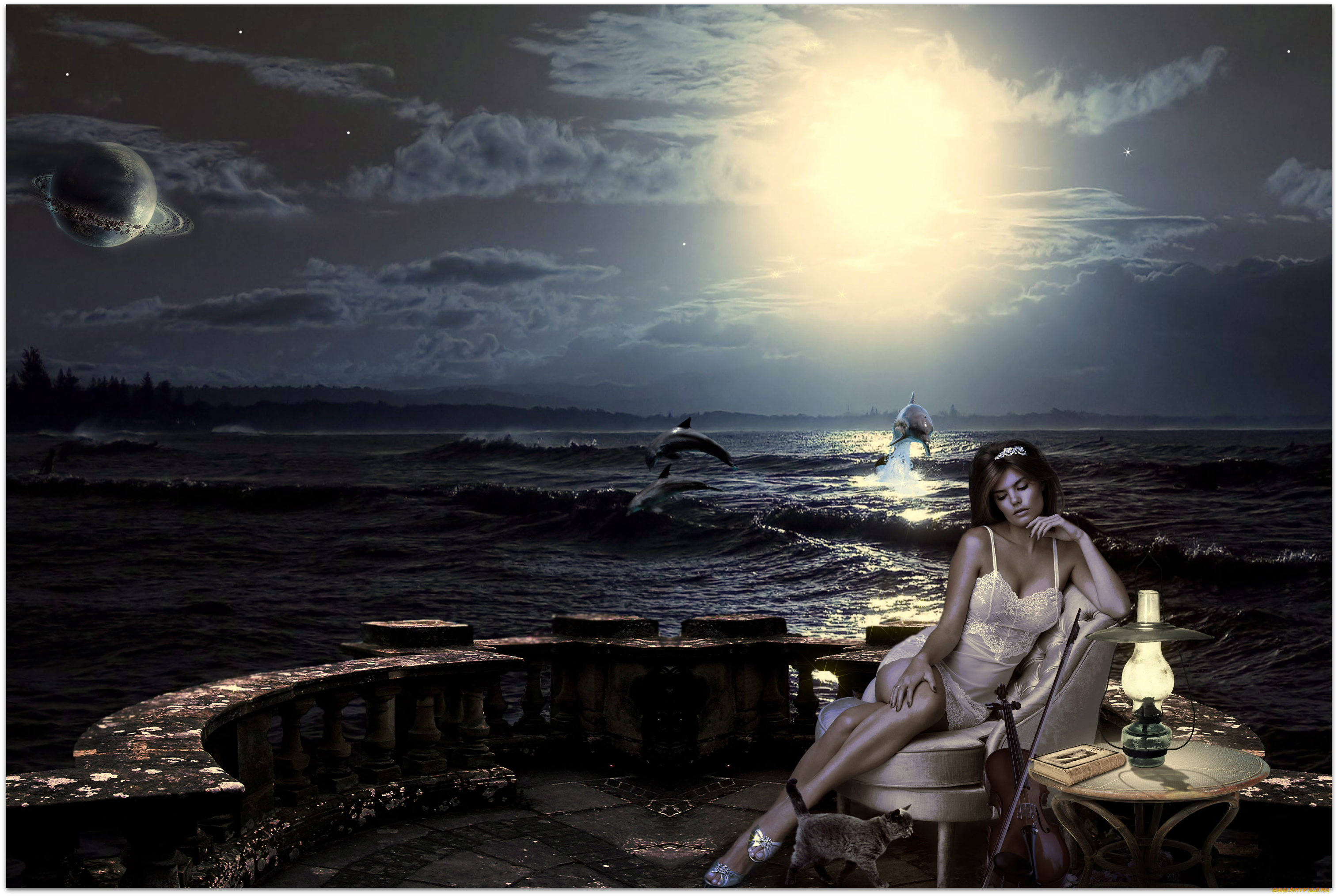 фэнтези, девушки, море, девушка, дельфин