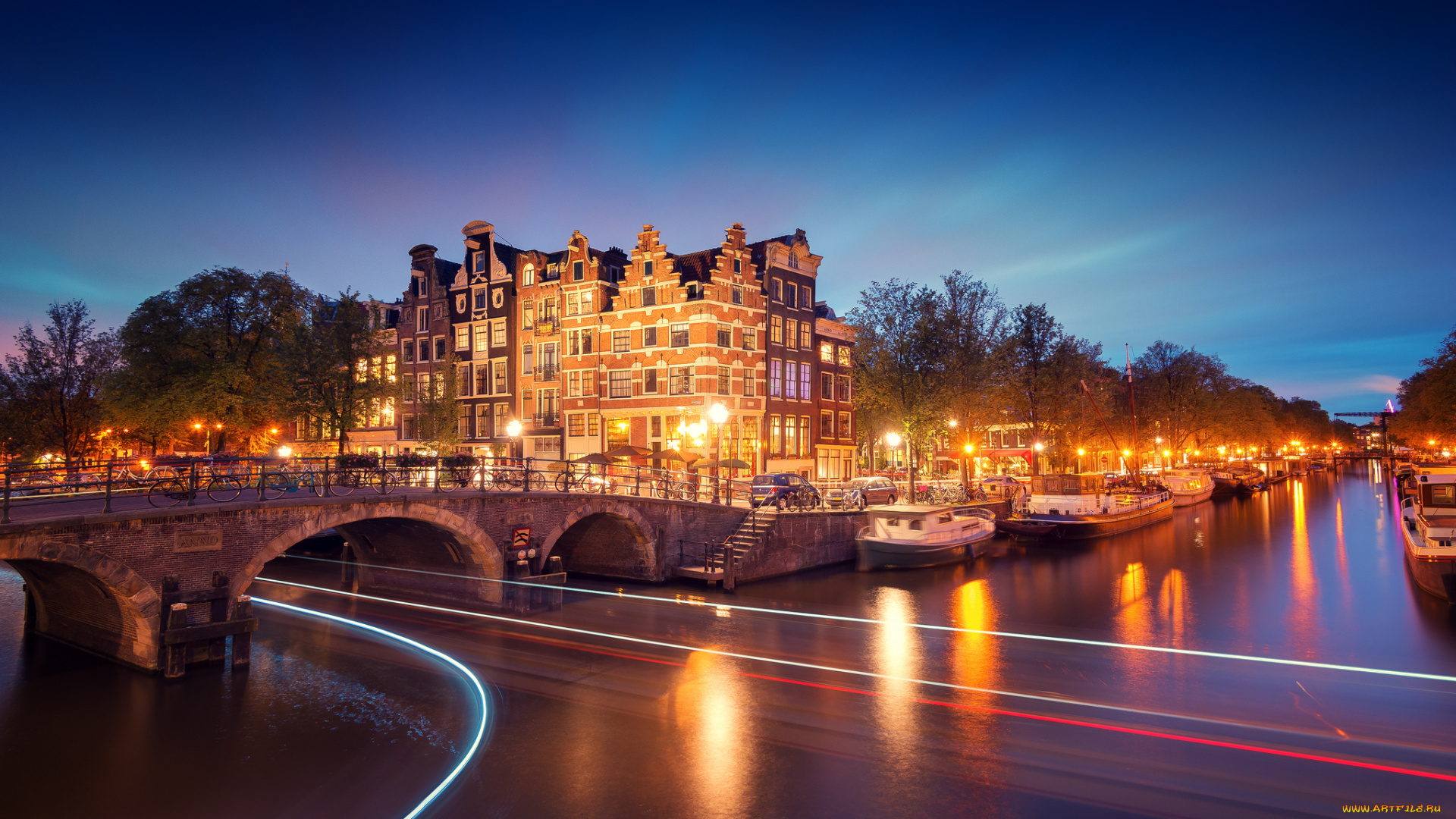 города, амстердам, нидерланды, вечер, лодки, мост