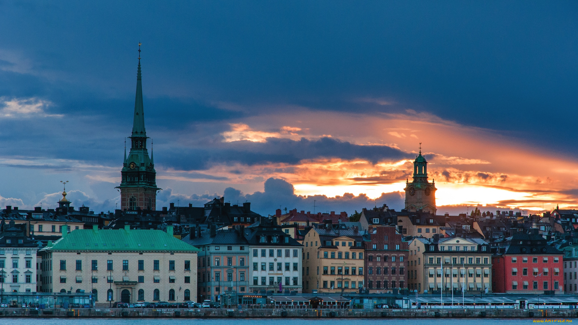 города, стокгольм, швеция, вечер, панорама