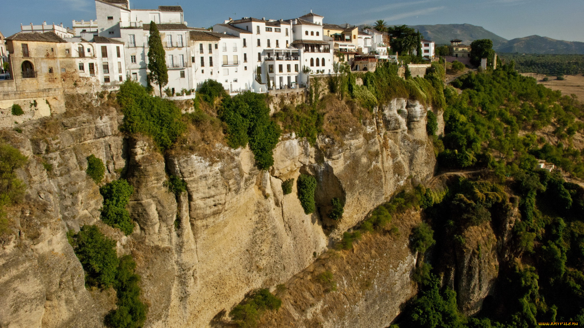 ronda, spain, города, пейзажи, дома, ущелье, горы, деревья