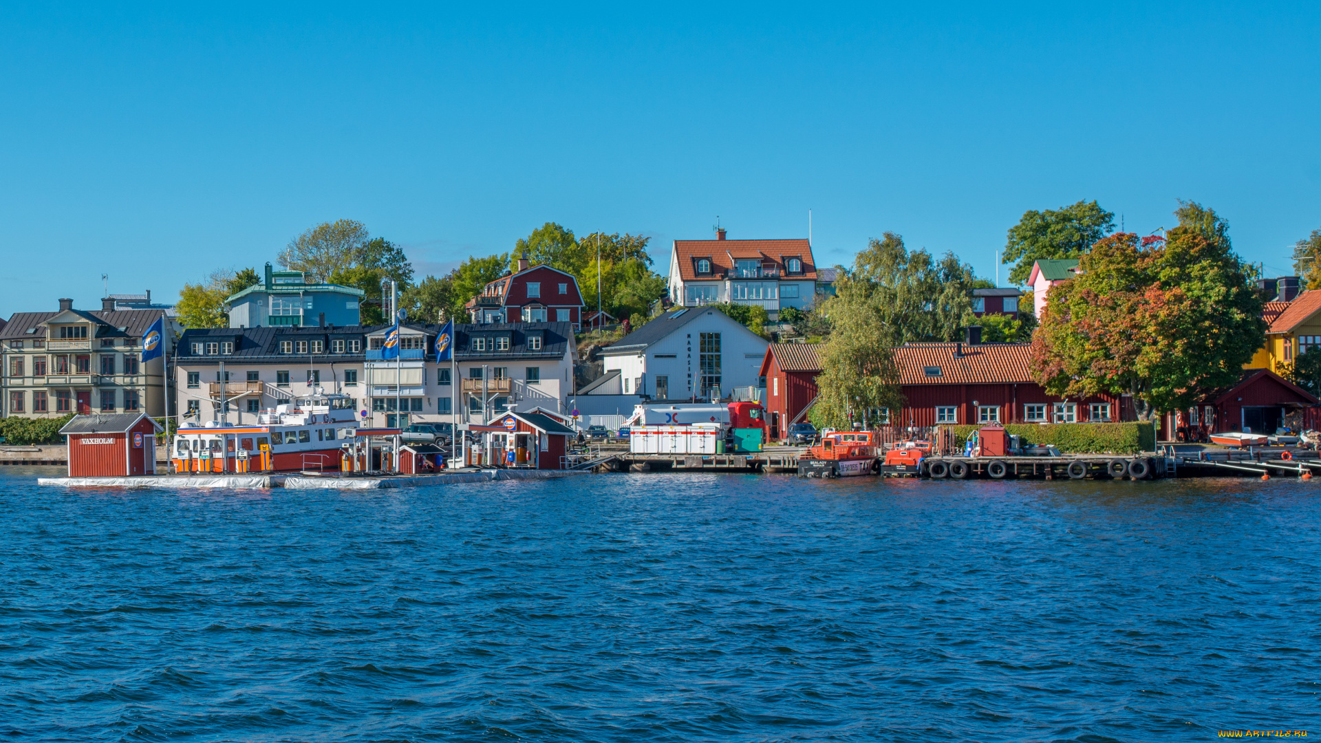 швеция, стокгольм, vaxholm, города, деревья, причалы, река, дома