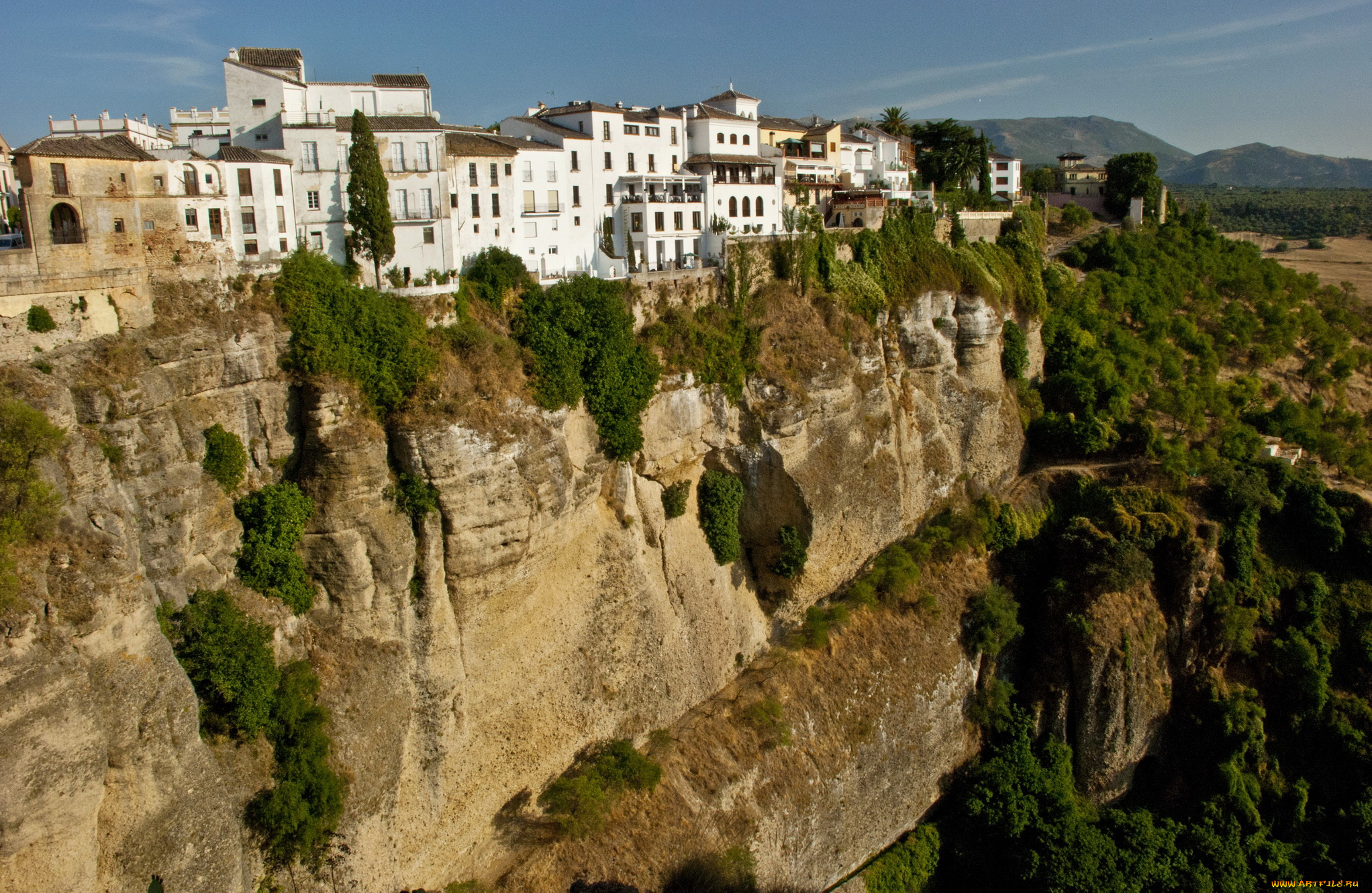 ronda, spain, города, пейзажи, дома, ущелье, горы, деревья