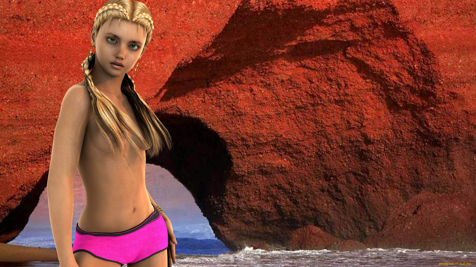 3д, графика, люди, , people, взгляд, девушка, скала, море