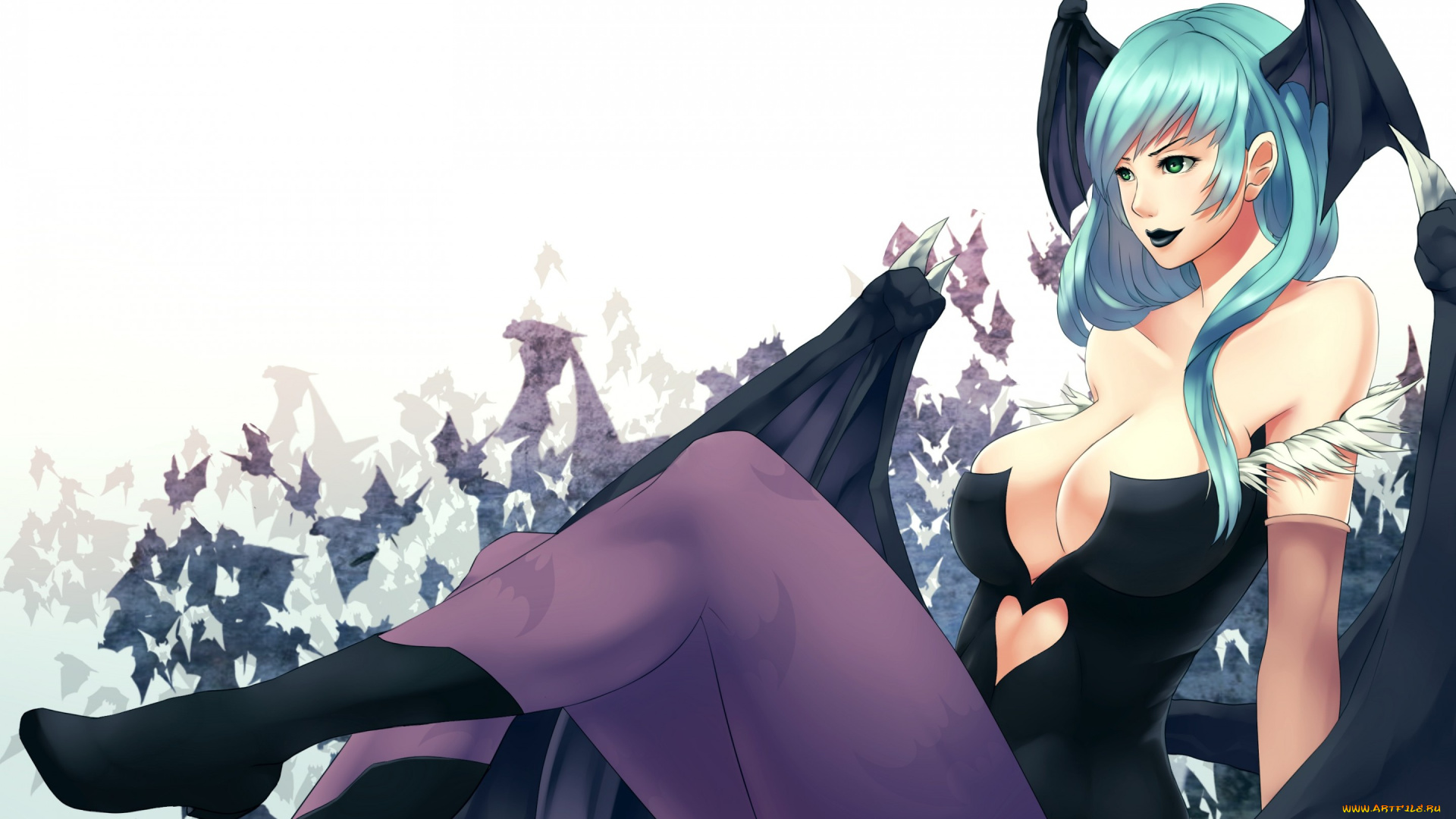 фэнтези, демоны, darkstalkers, летучие, мыши, демон, крылья, улыбка, взгляд, morrigan, aensland, девушка, ushio-missing, no, art