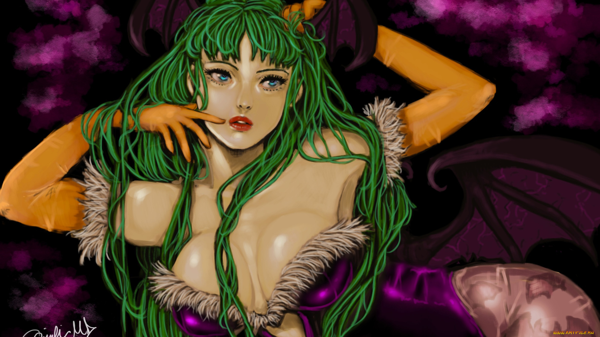 фэнтези, демоны, перчатки, крылья, взгляд, morrigan, aensland, девушка, astrozombiesss, art, поза, волосы