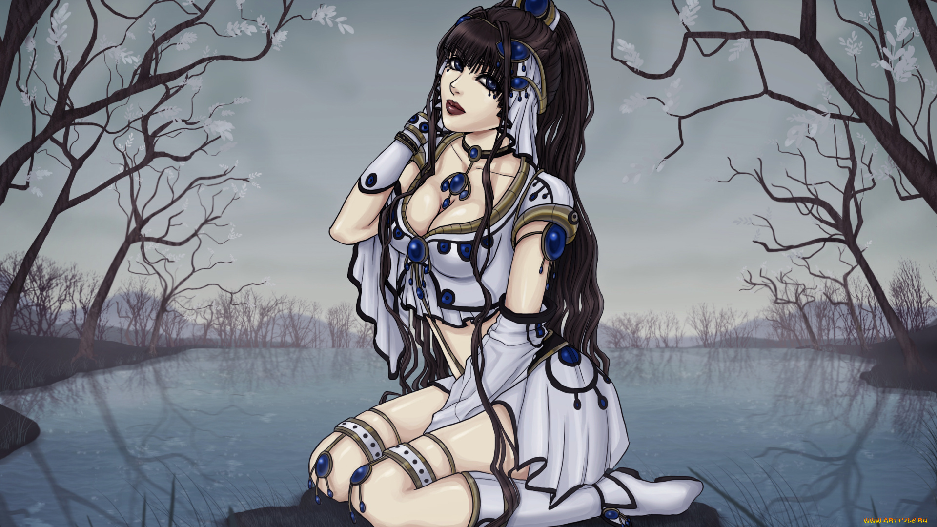 фэнтези, девушки, платье, девушка, берег, вода, деревья, озеро