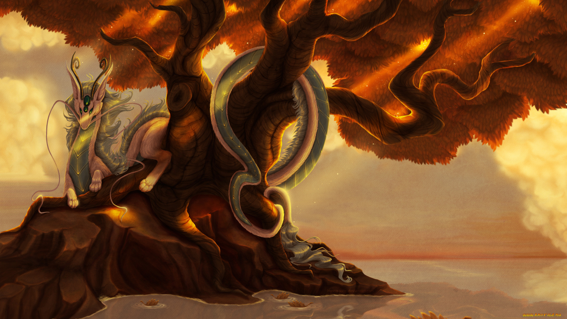 фэнтези, драконы, дерево, листья, желтые, осень, дракон, островок