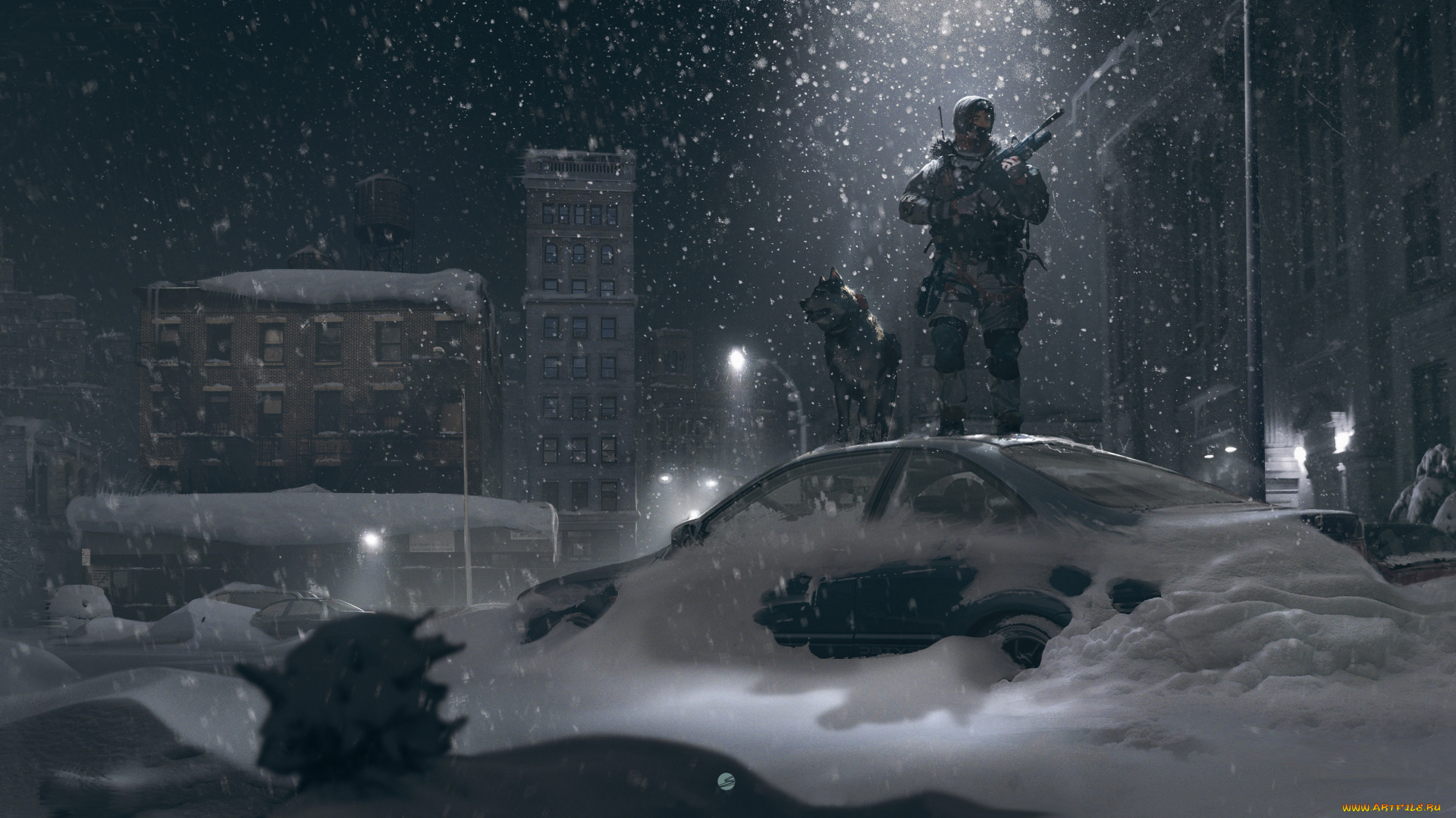 фэнтези, люди, фонарь, собака, свет, улица, автомобиль, зима, солдат, снег, ночь
