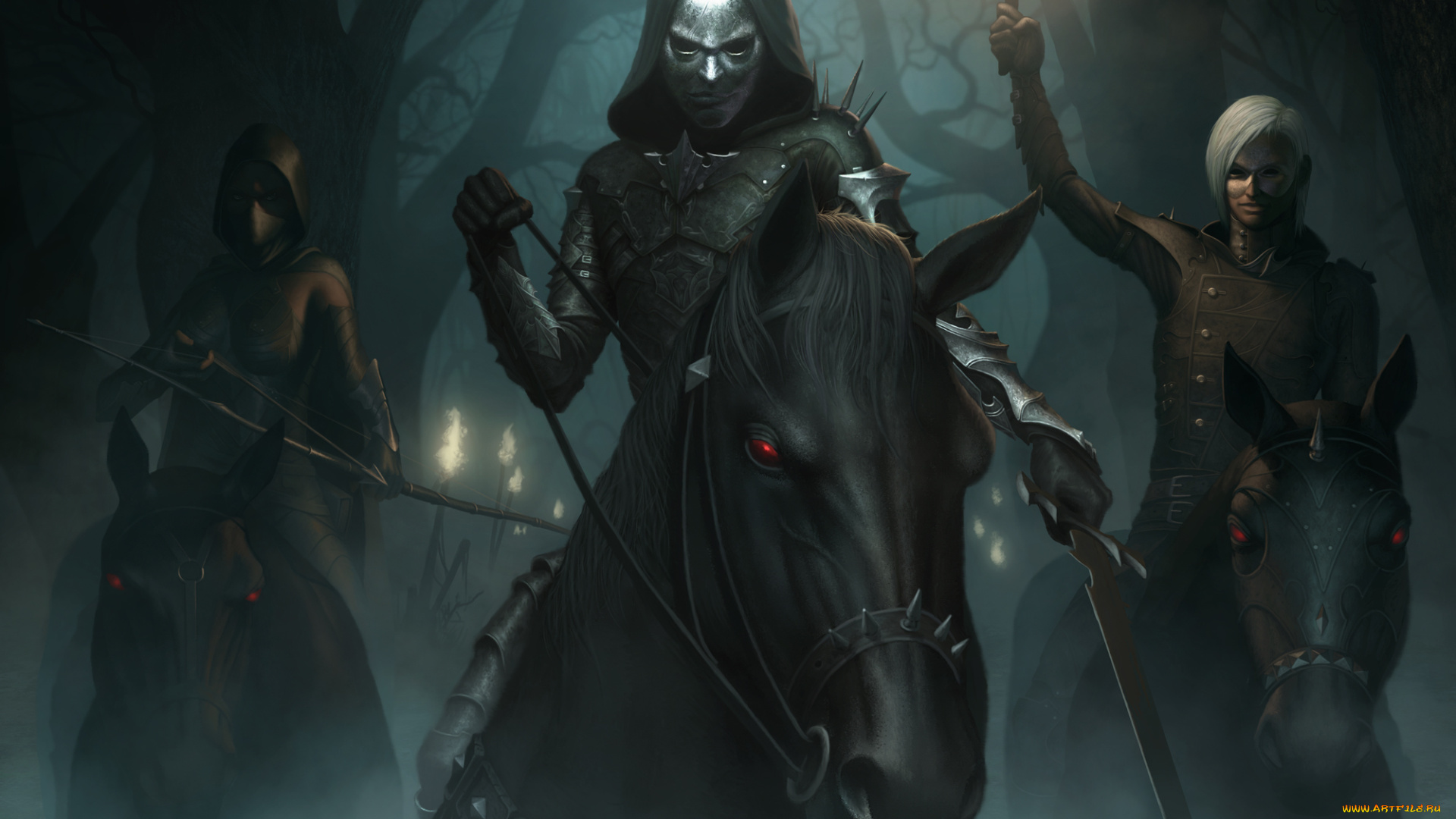 фэнтези, люди, меч, лучница, факел, туман, маски, лошадь, ночь, лес