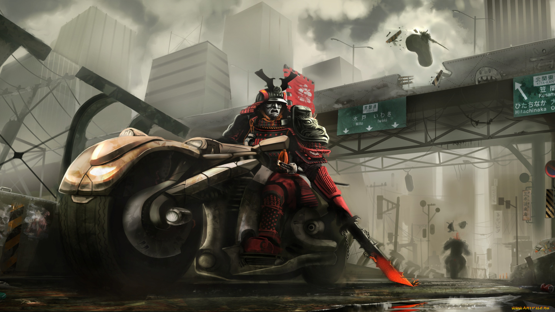 фэнтези, роботы, , киборги, , механизмы, город, байк, мотоцикл, доспехи, самурай, дуэль, мост, дорога, меч