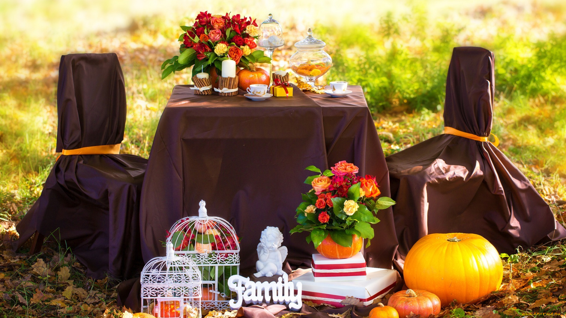 интерьер, декор, , отделка, , сервировка, осень, пикник, листья, цветы, розы, свечи, травы, кофе
