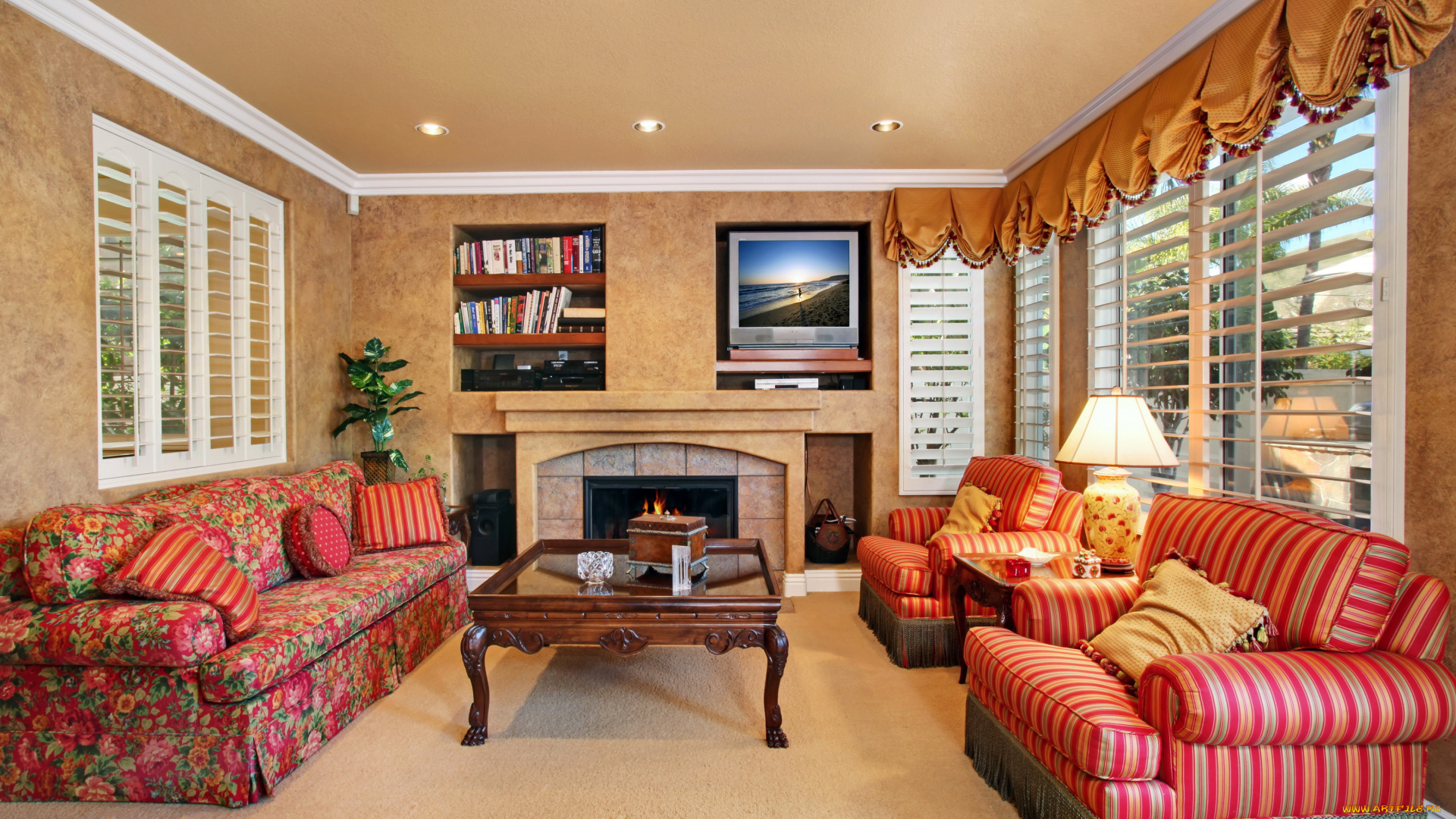 интерьер, гостиная, камин, стол, диван, дизайн