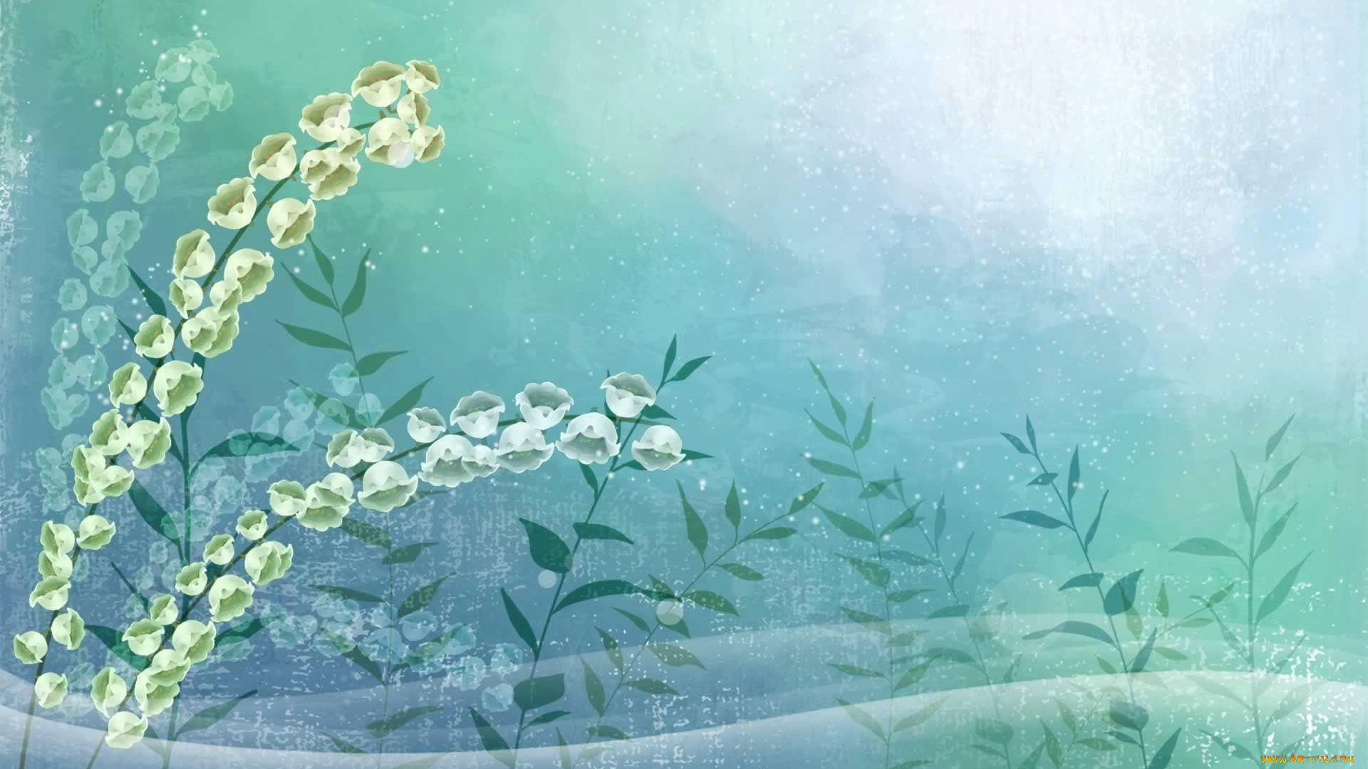 рисованные, цветы, цветение, ландыши, листья, ветки