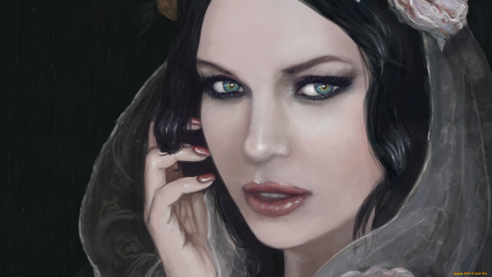 рисованные, люди, рука, взгляд, цветы, волосы, зеленые, глаза, девушка