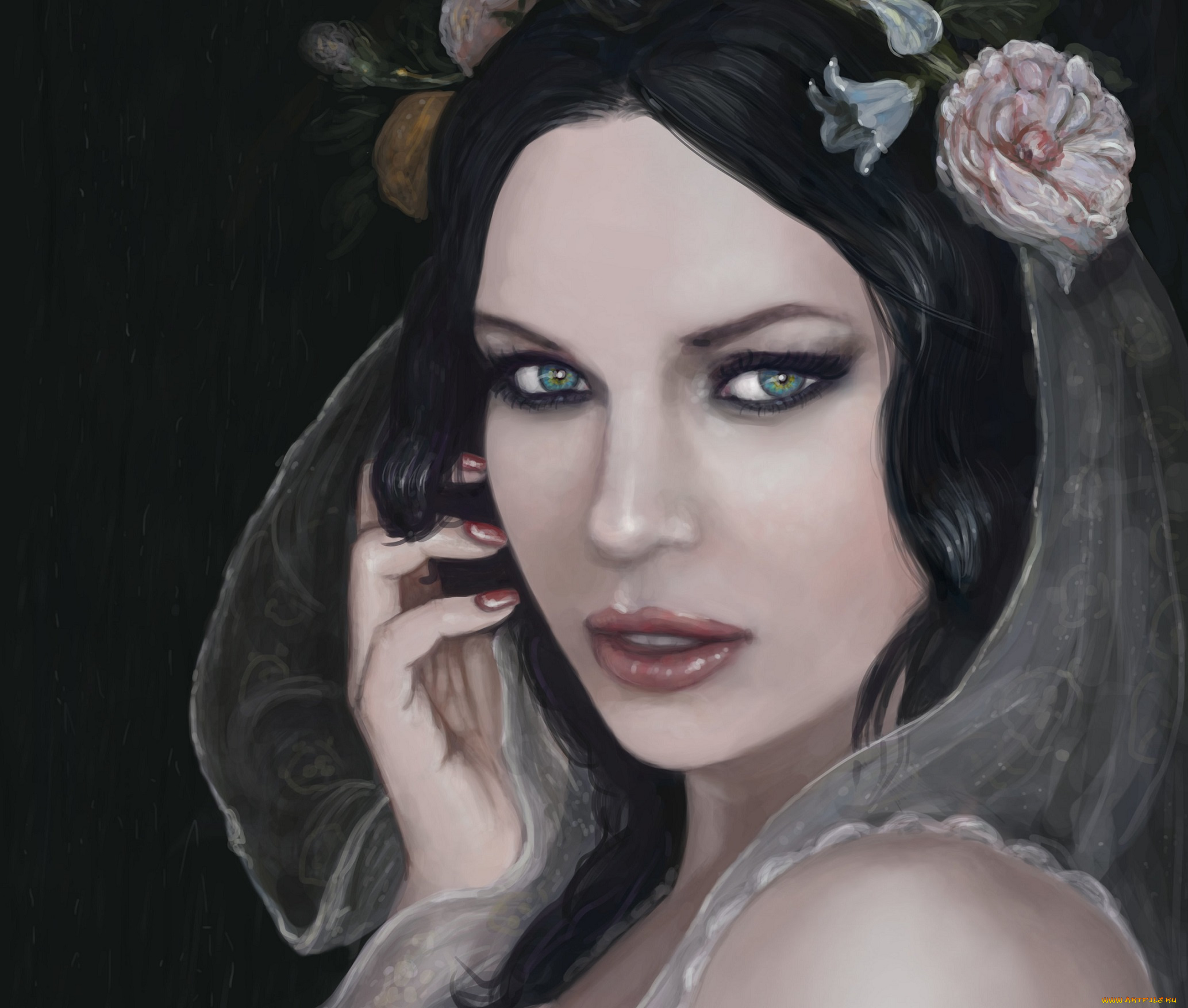 рисованные, люди, рука, взгляд, цветы, волосы, зеленые, глаза, девушка