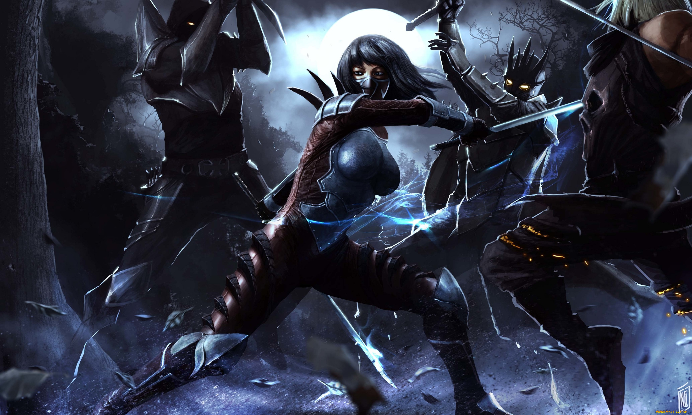 фэнтези, девушки, фантастика, девушка, луна, ночь, нападение, битва, арт, бой, броня, оружие