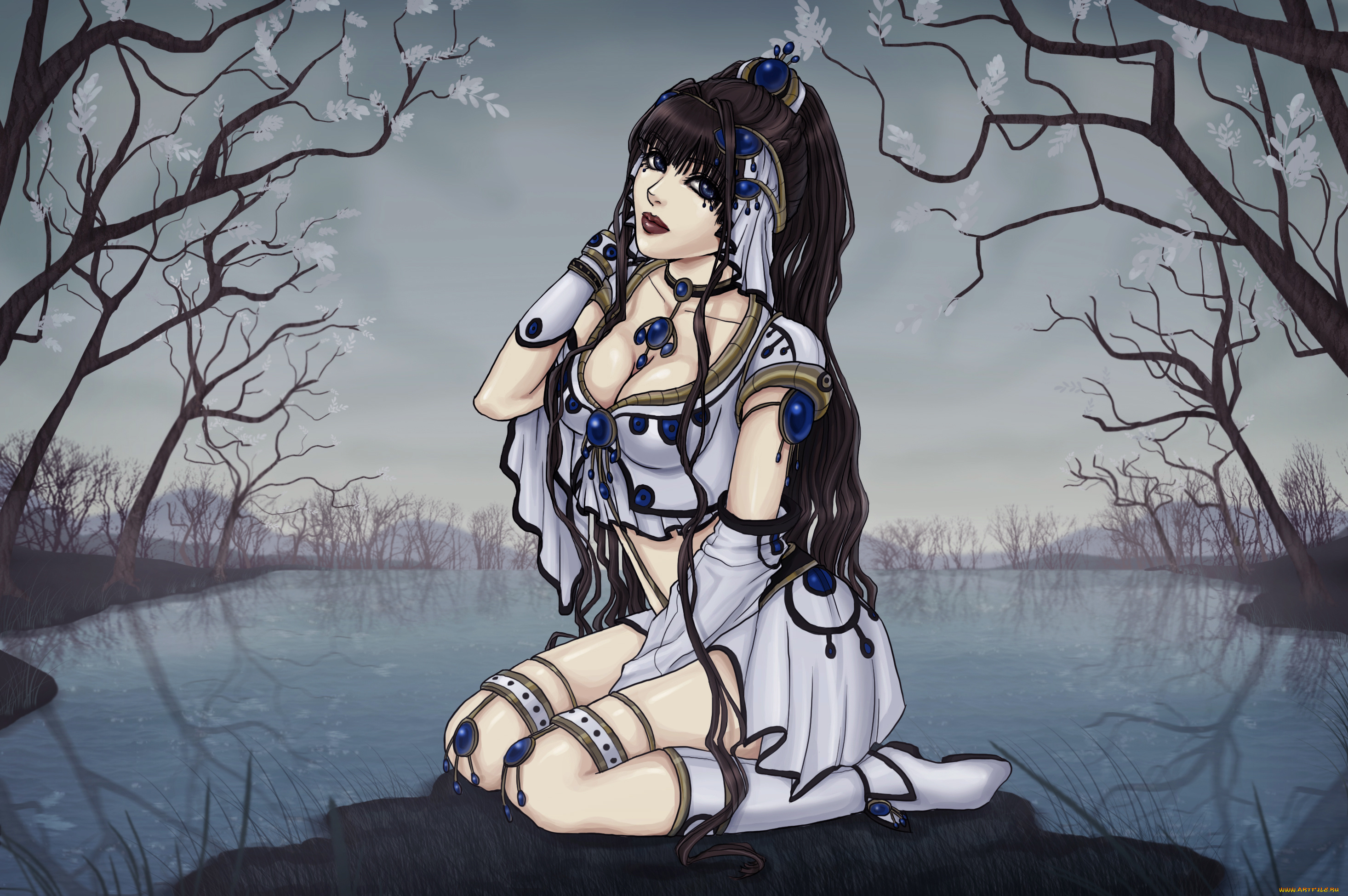 фэнтези, девушки, платье, девушка, берег, вода, деревья, озеро