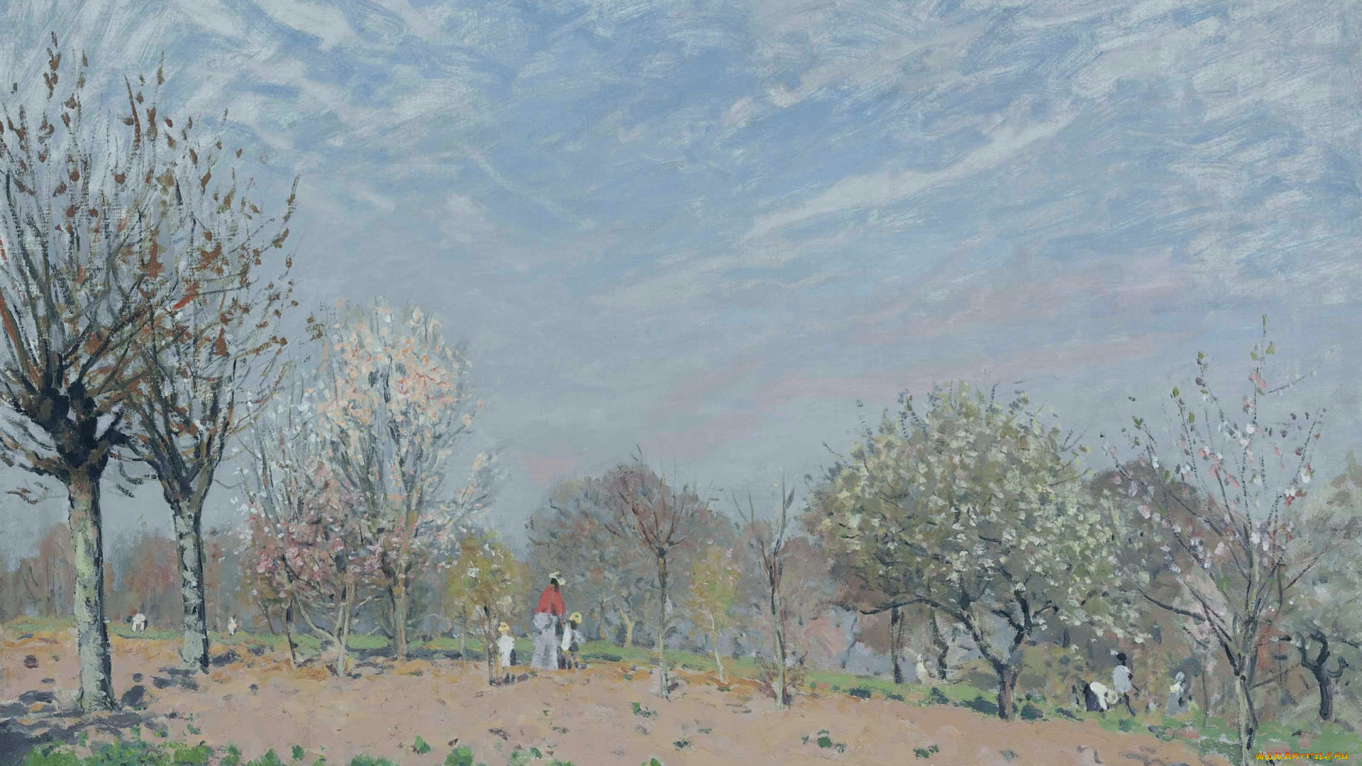 apple-trees, in, flower, louveciennes, рисованное, alfred, sisley, люди, небо, цветение, сад, деревья, весна, облака