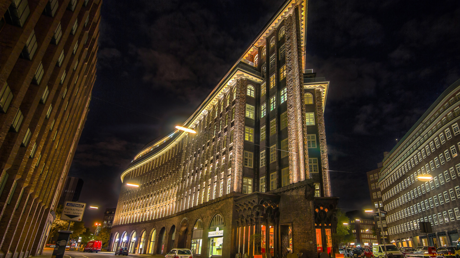 chilehaus, города, гамбург, , германия, здание, улица, ночь