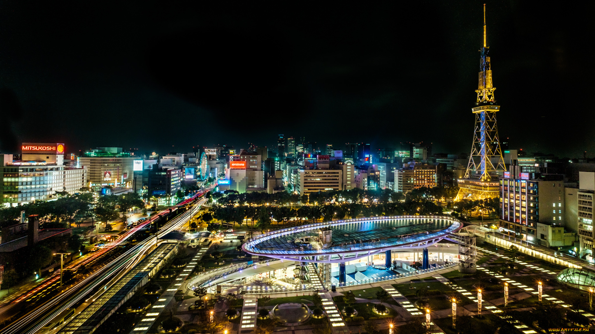 nagoya, , japan, города, -, огни, ночного, города, огни, башня, ночь