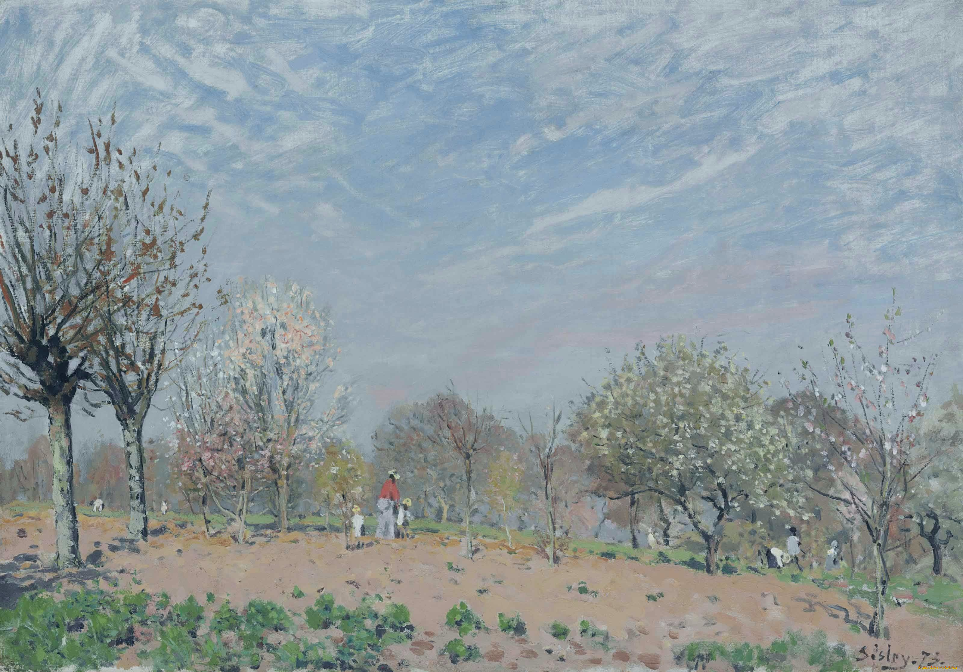 apple-trees, in, flower, louveciennes, рисованное, alfred, sisley, люди, небо, цветение, сад, деревья, весна, облака