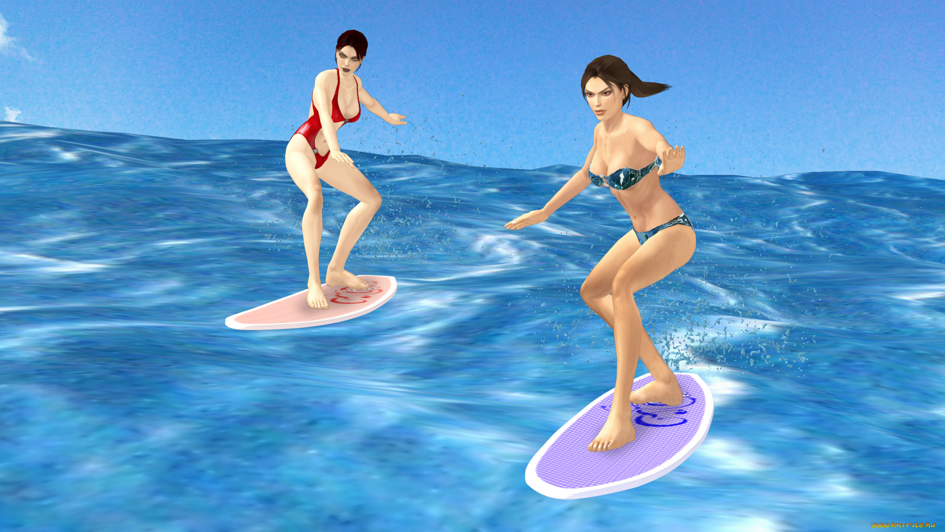 3д, графика, спорт, , sport, девушки, серфинг, море, волны, взгляд, фон
